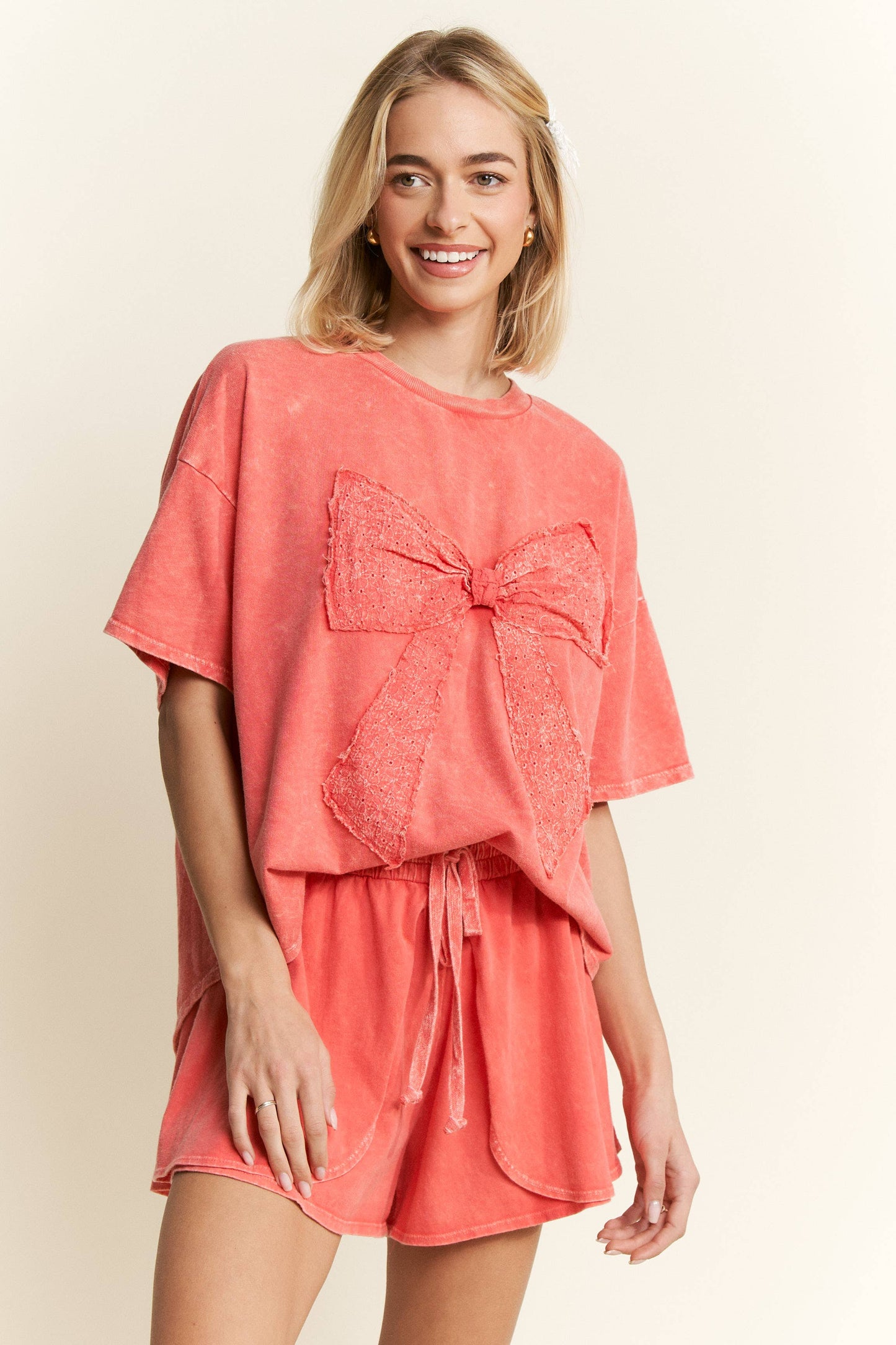 MineralWash Ribbon bow half sleeve shirt HT6308: Silver Grey / S-M-L / 2-2-2
