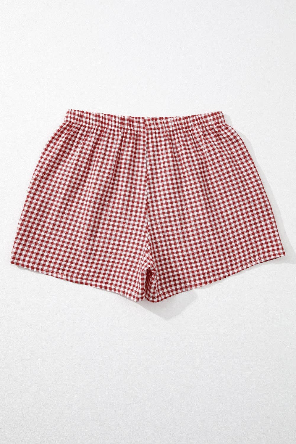 Red Gingham High Waisted Elastic Waist Summer Shorts: Red Stripe / 100%Polyester / S