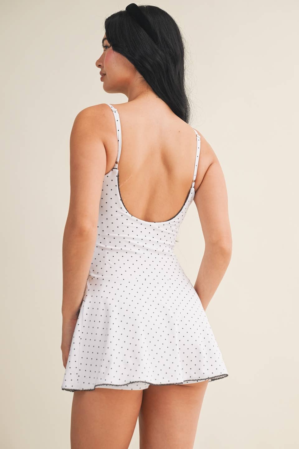 Polka Dot Print Lace Trim Ruffle Mini Dress: White Polka Dot / L