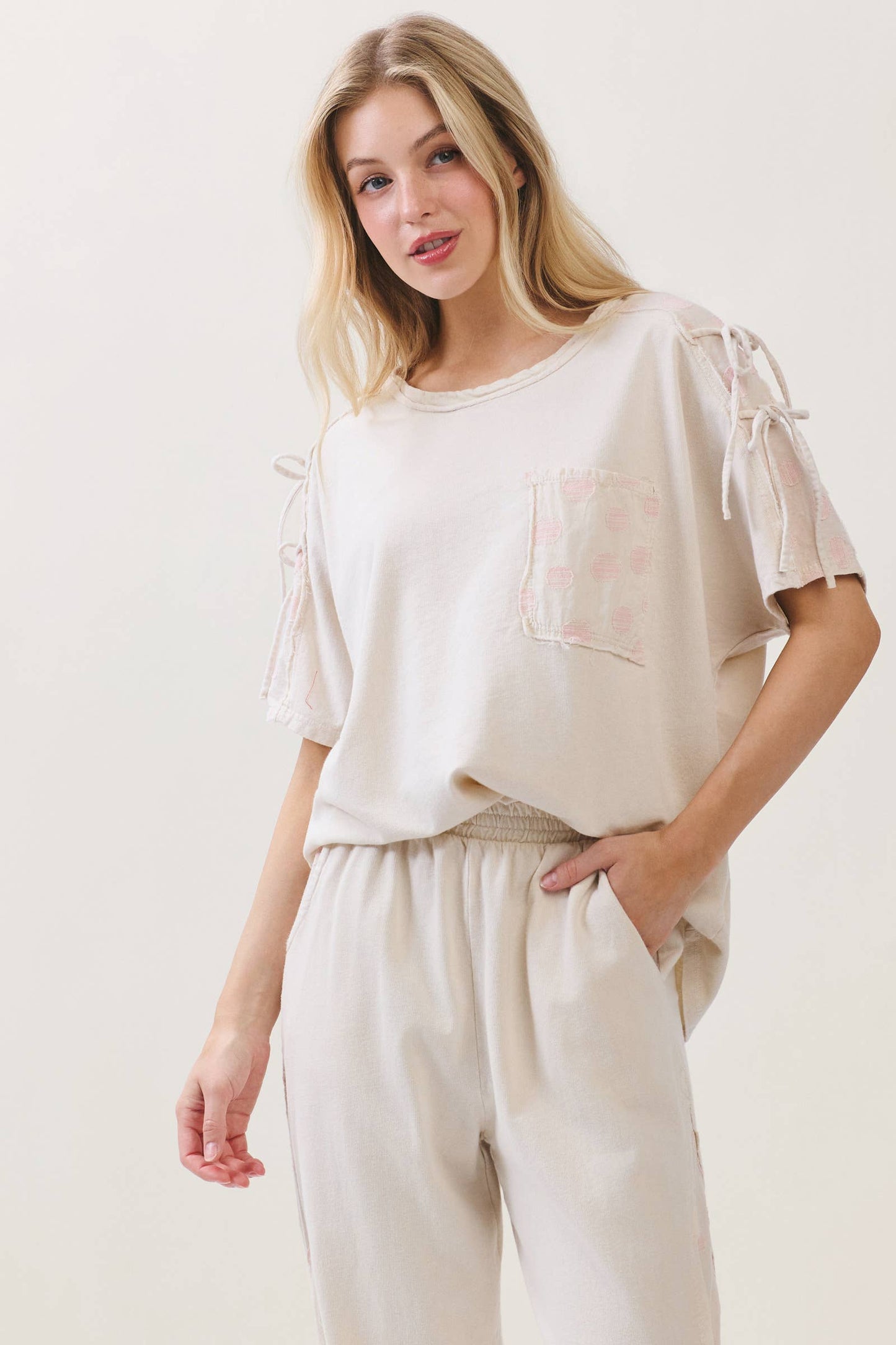 Mineral Washed Polkadot Shoulder Bow Tie Blouse top HT6510: Natural