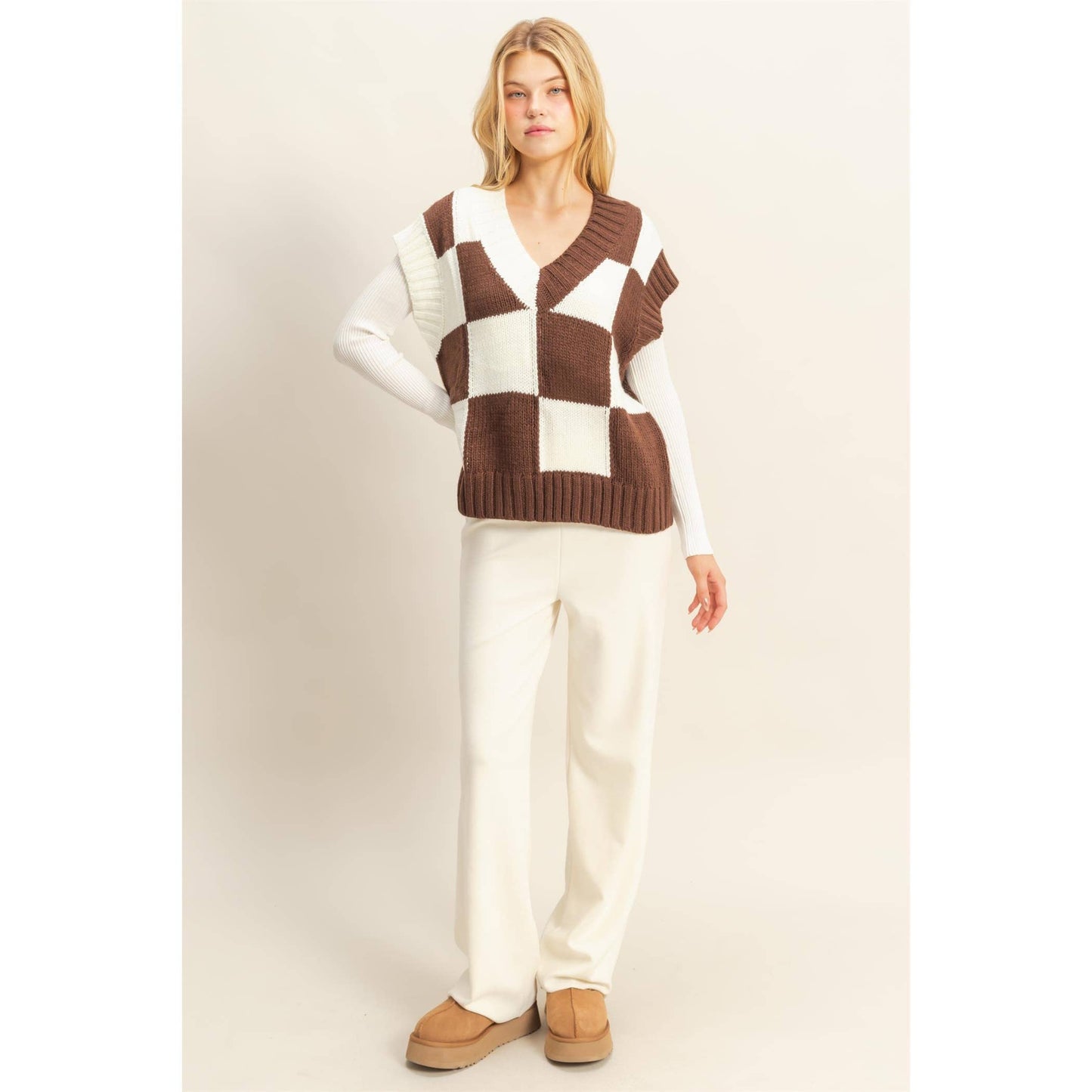 Checkered Sweater Vest: HOT PINK / S-M-L(2-2-2)