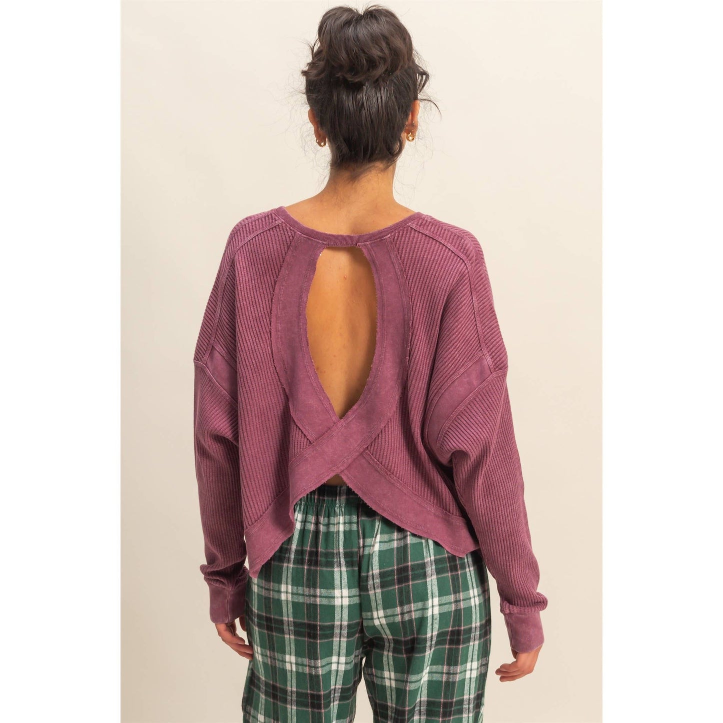 Chic Open Back Textured Knit Long Sleeve Top: CREAM / S-M-L(2-2-2)