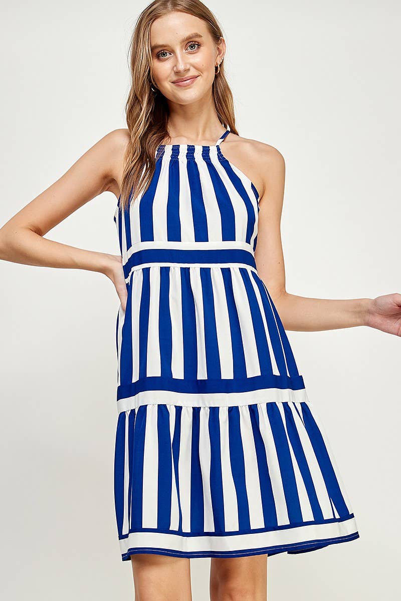 Stripe Print Spaghetti Strap Short Dress: BLACK / 2-2-2 (S-M-L)