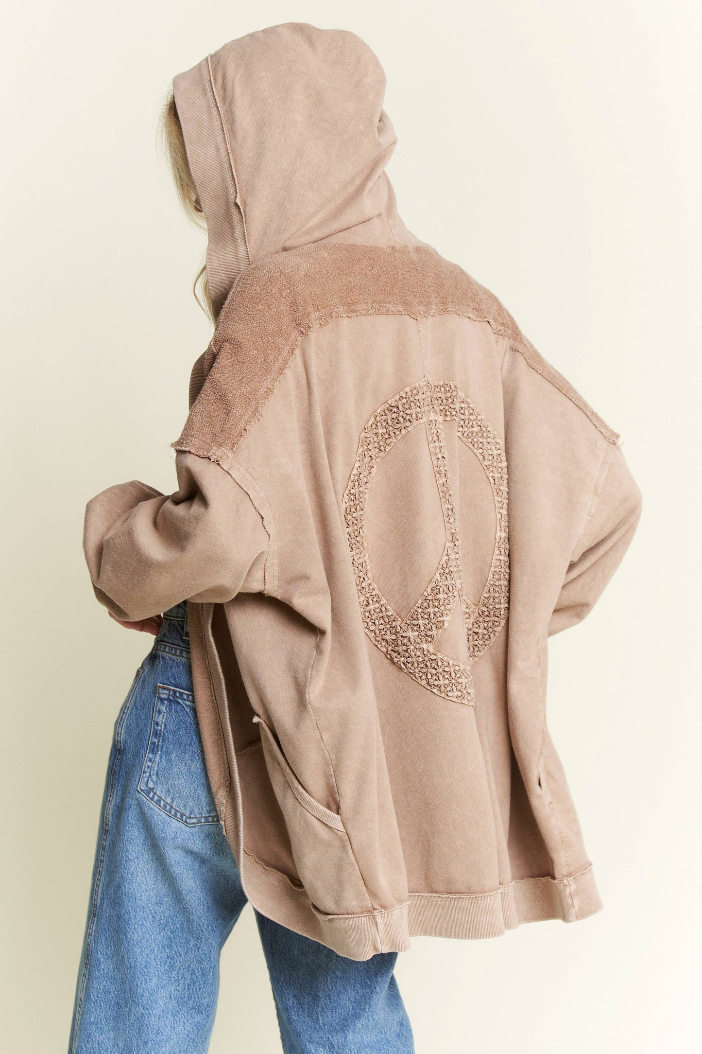 Mineral Wash Open Terry Cardigan with peace sign HT6086: Latte / S-M-L / 2-2-2