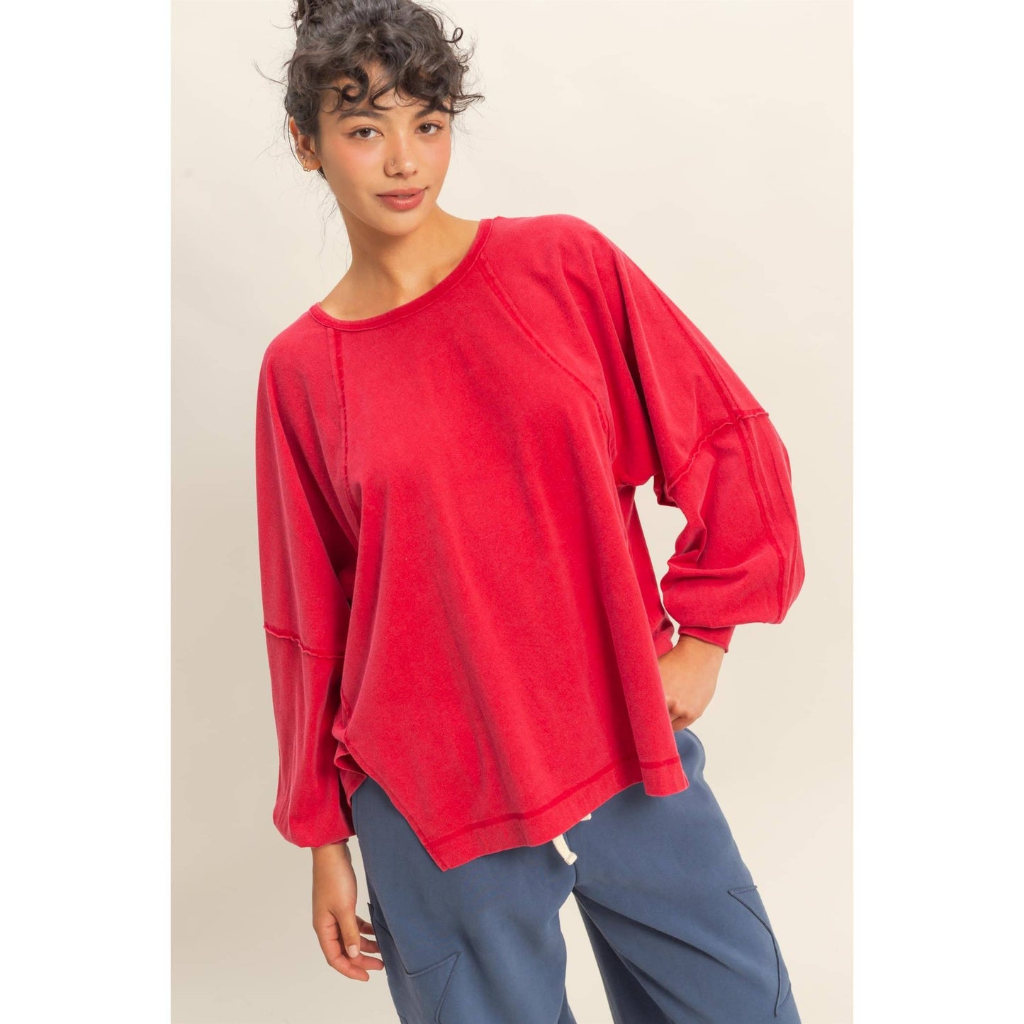 Washed Oversized Long Sleeve Top With Slit: CREAM / S-M-L(2-2-2)