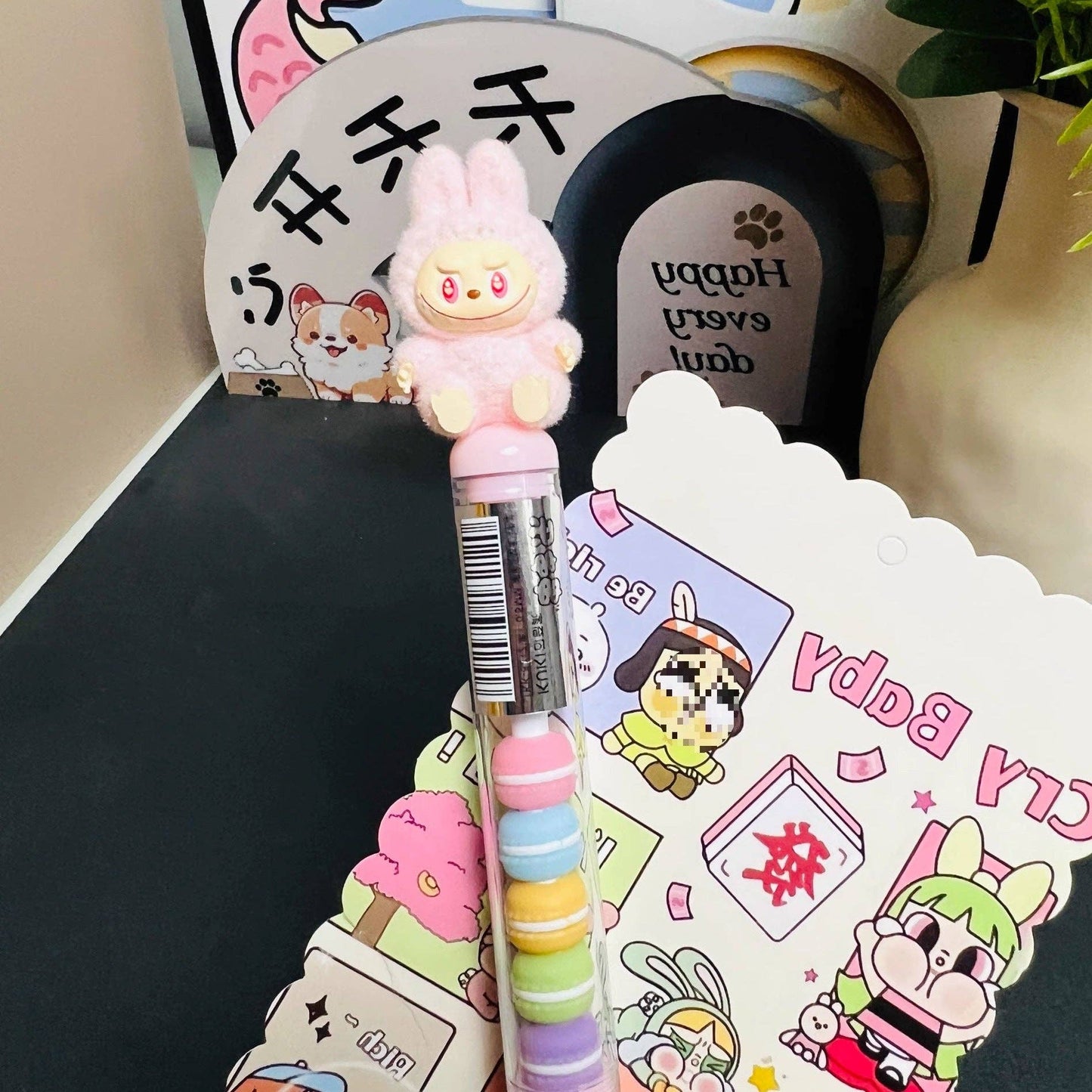 Labubu flocking deco gel pen cute student creative labubu pen: HOT PINK