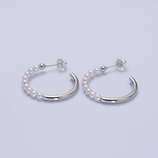 16K Gold Filled 25mm Half Pearl Hoop Earrings in Gold & Silver | AB366 AB367: Silver