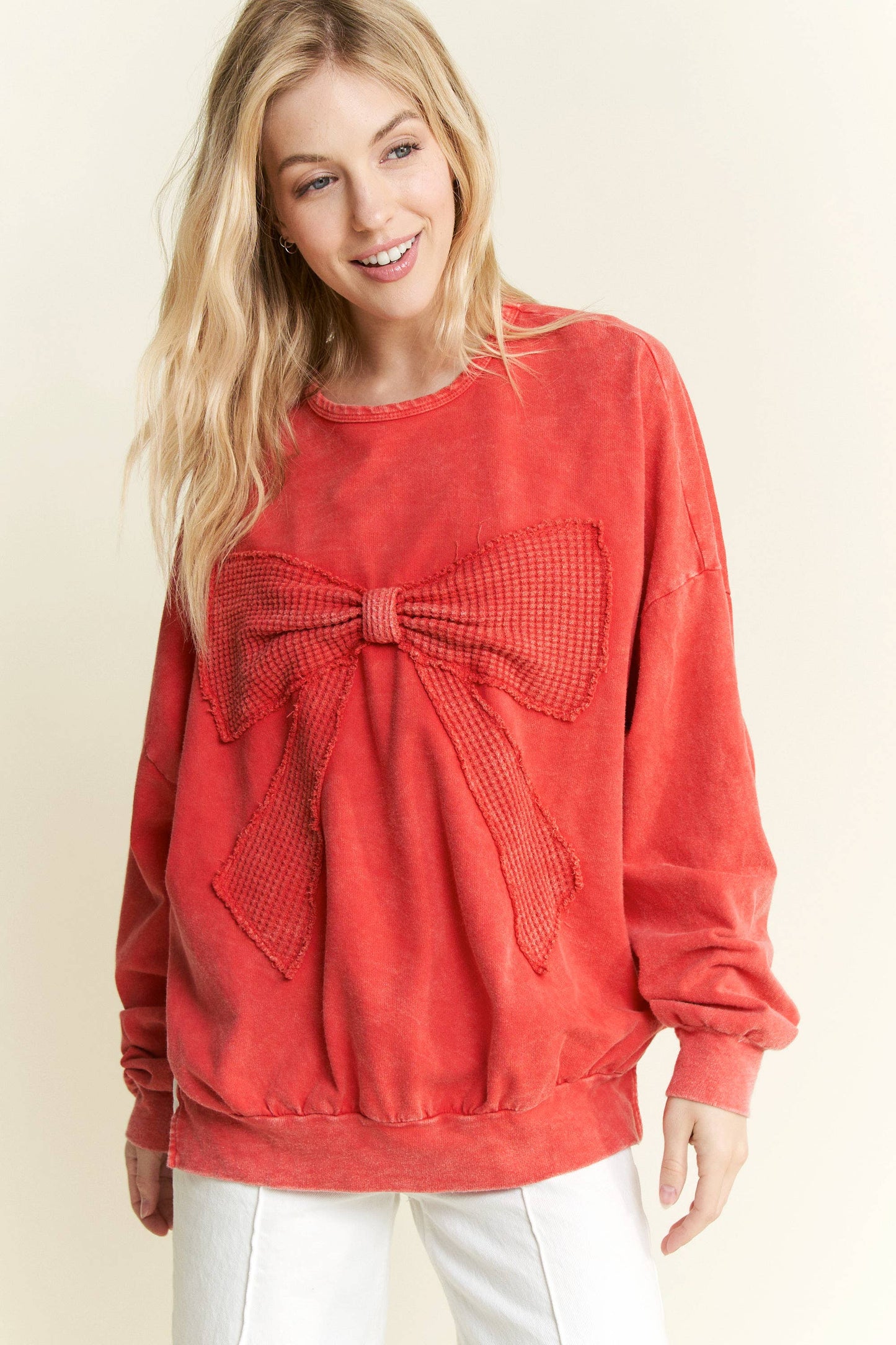 I'm a gift for you Waffle Ribbon bow terry top HT6129: Denim Blue / S-M-L / 2-2-2