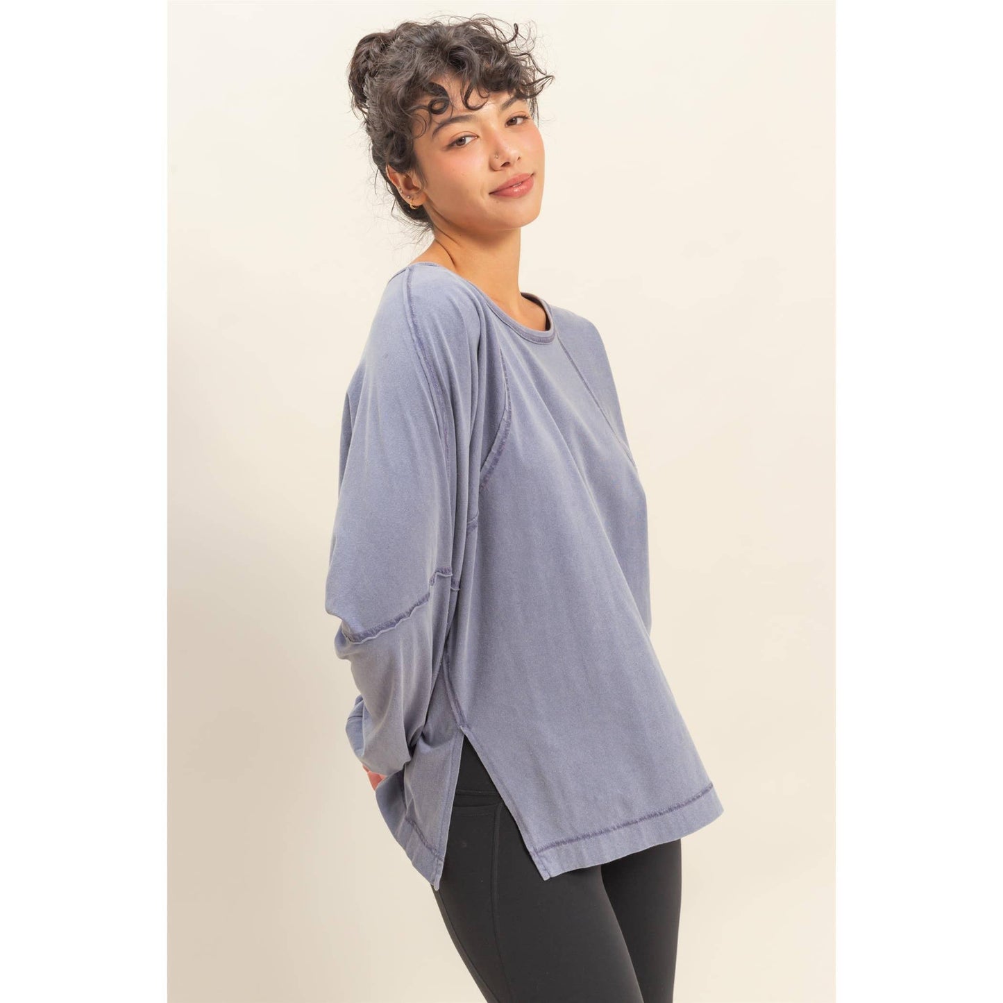 Washed Oversized Long Sleeve Top With Slit: CREAM / S-M-L(2-2-2)