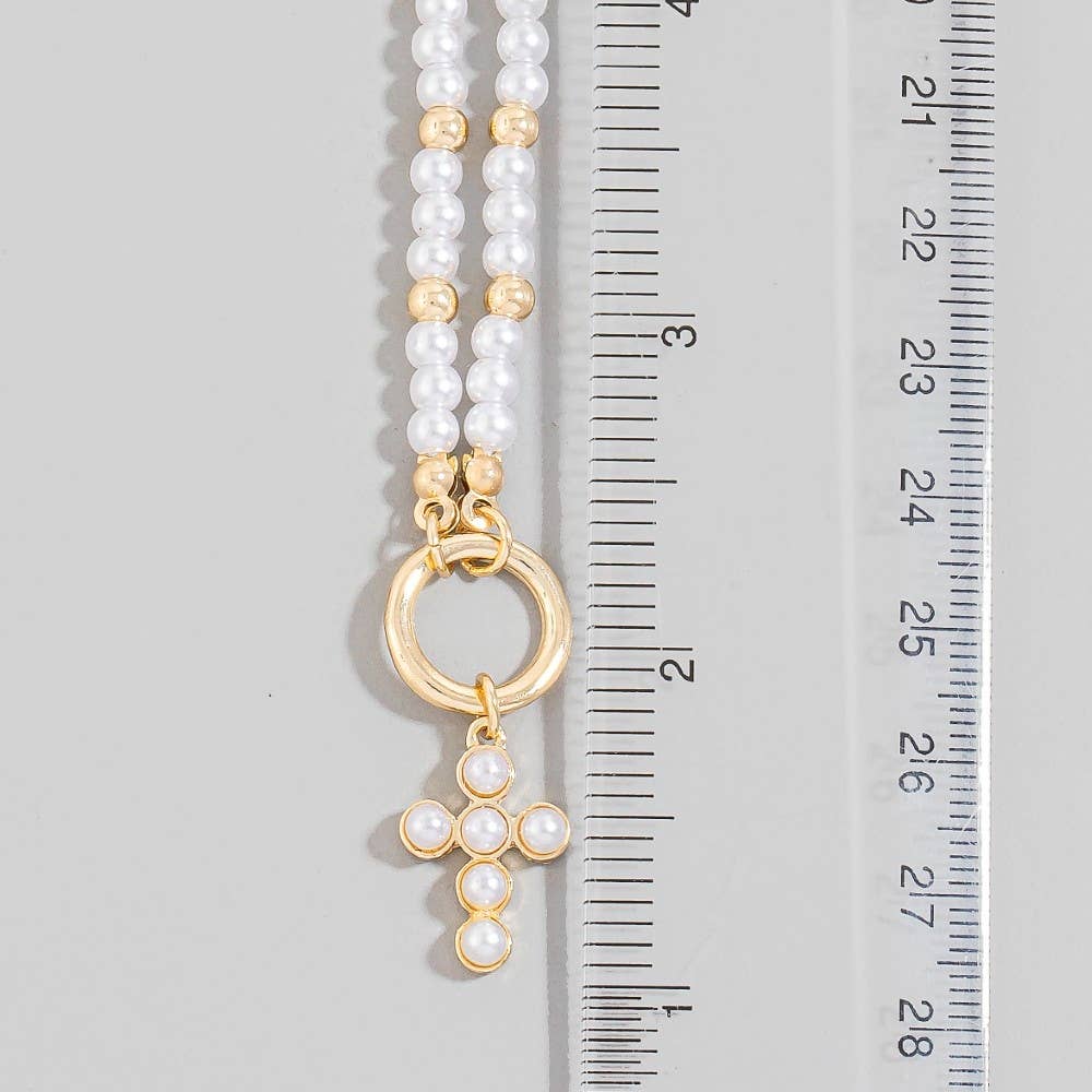 Cross Pendant Pearl And Metallic Beaded Necklace: GDCRM