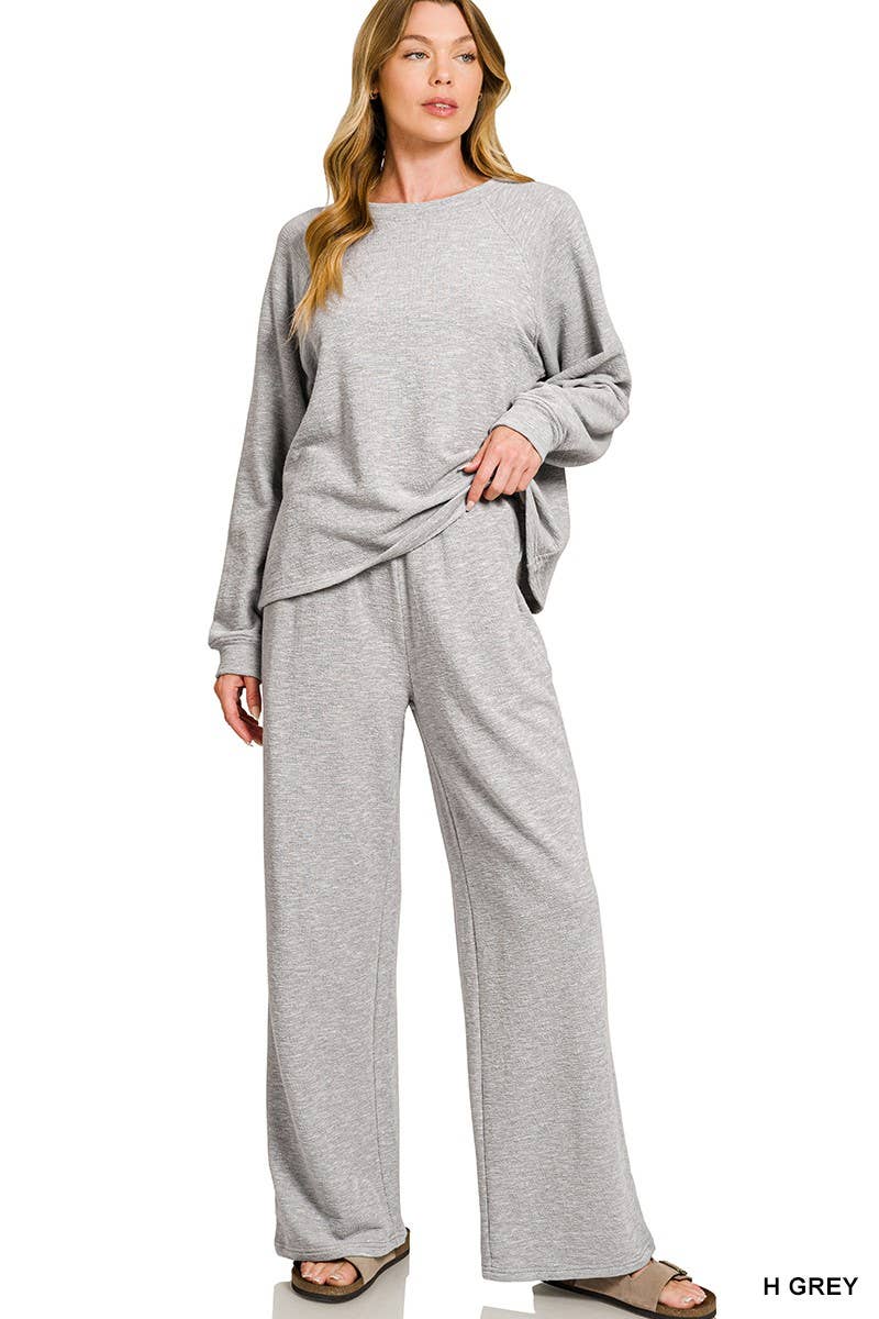 Slub Long Sleeve Top And Pants 2pcs Set: HUNTER GREEN / 1-1-1(S-M-L)