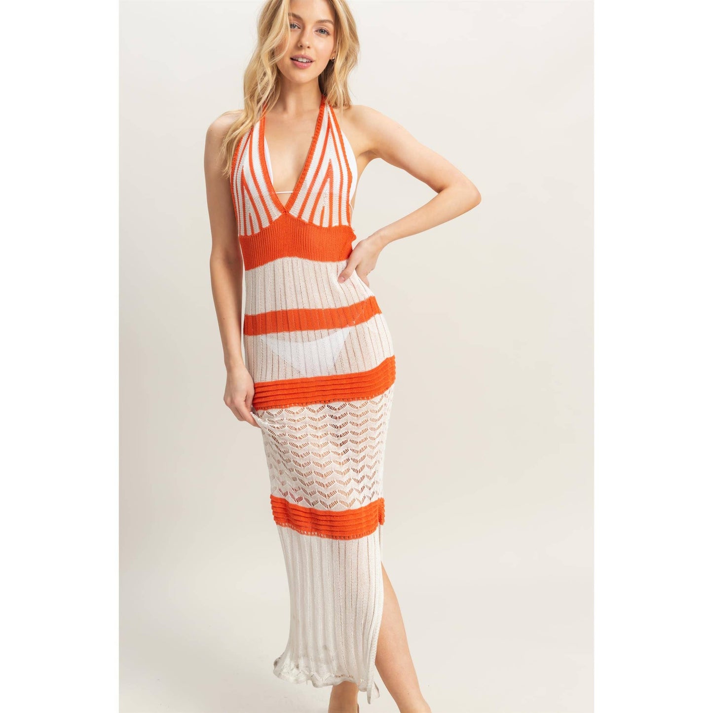 Crochet Striped Halter Coverup Maxi Dress: BLACK / S-M-L(2-2-2)