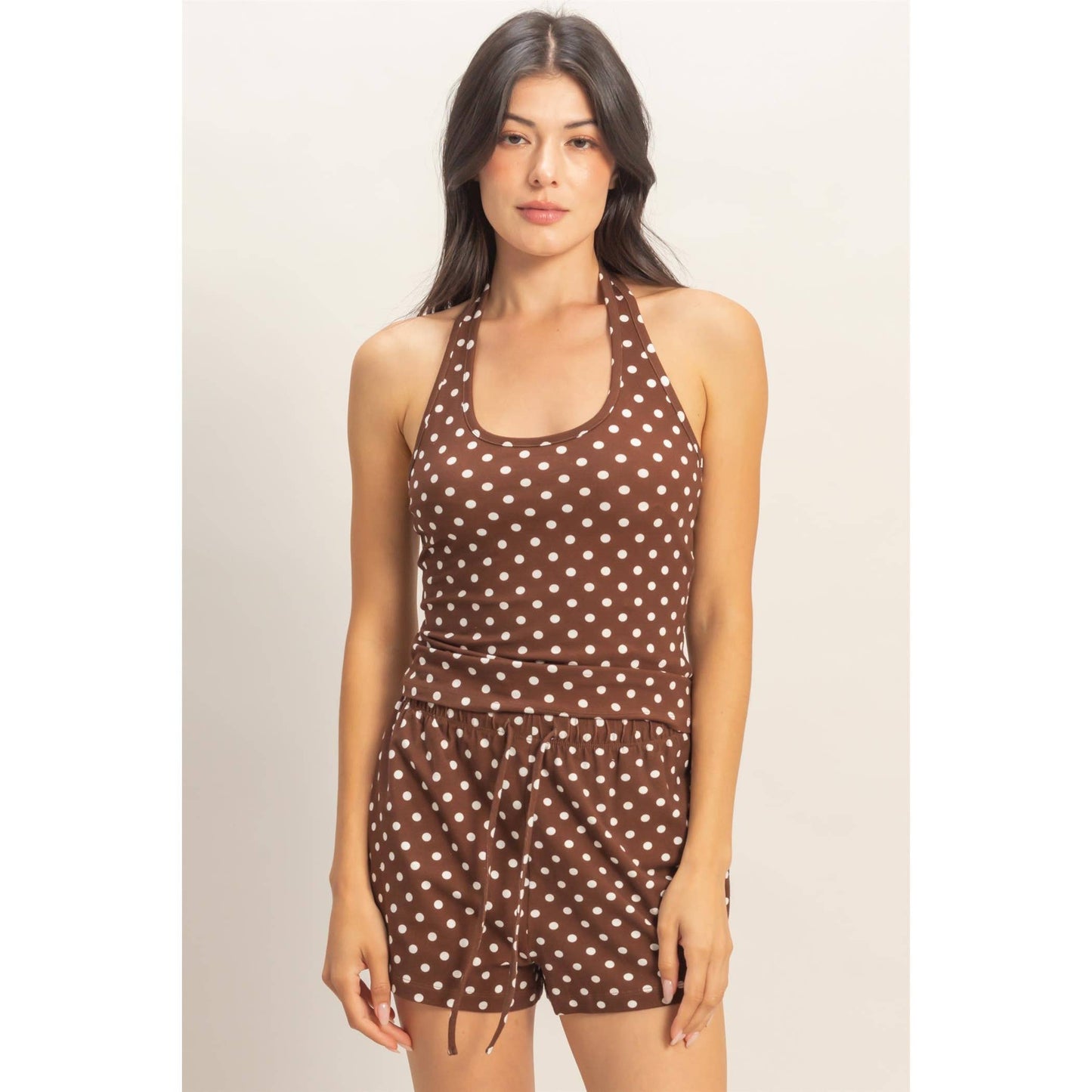 Polka Dot Halter Top: BROWN / S-M-L(2-2-2)