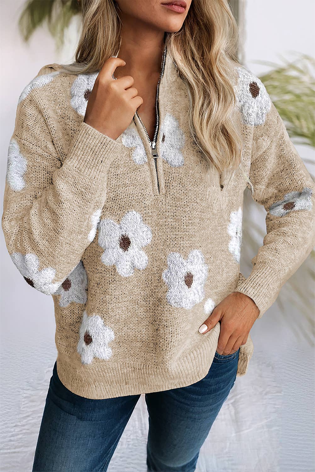 LDC Floral Pattern Drop Shoulder Half Zip Sweater: Green / Missy / L