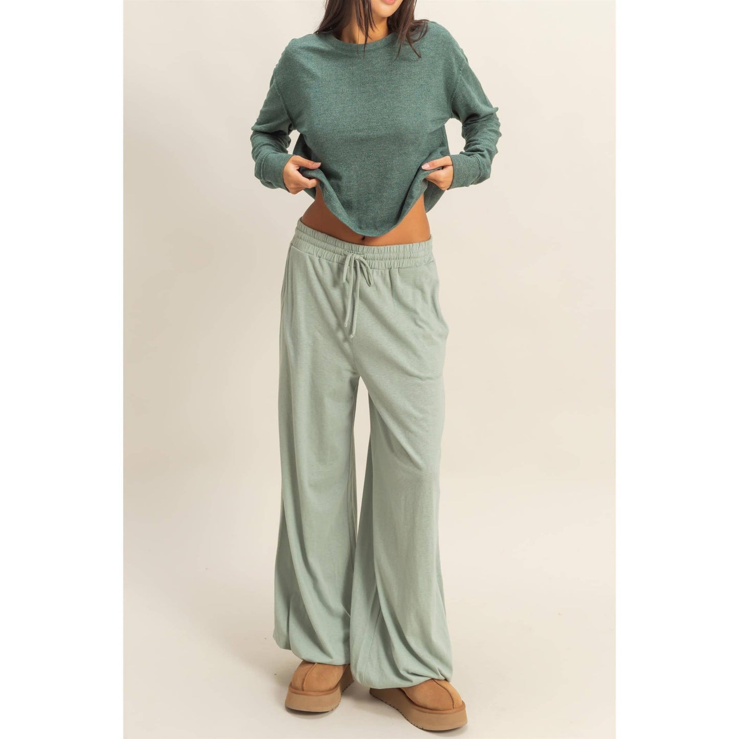 High Waist Drawstring Wide Leg Pants: BLACK / S-M-L(2-2-2)