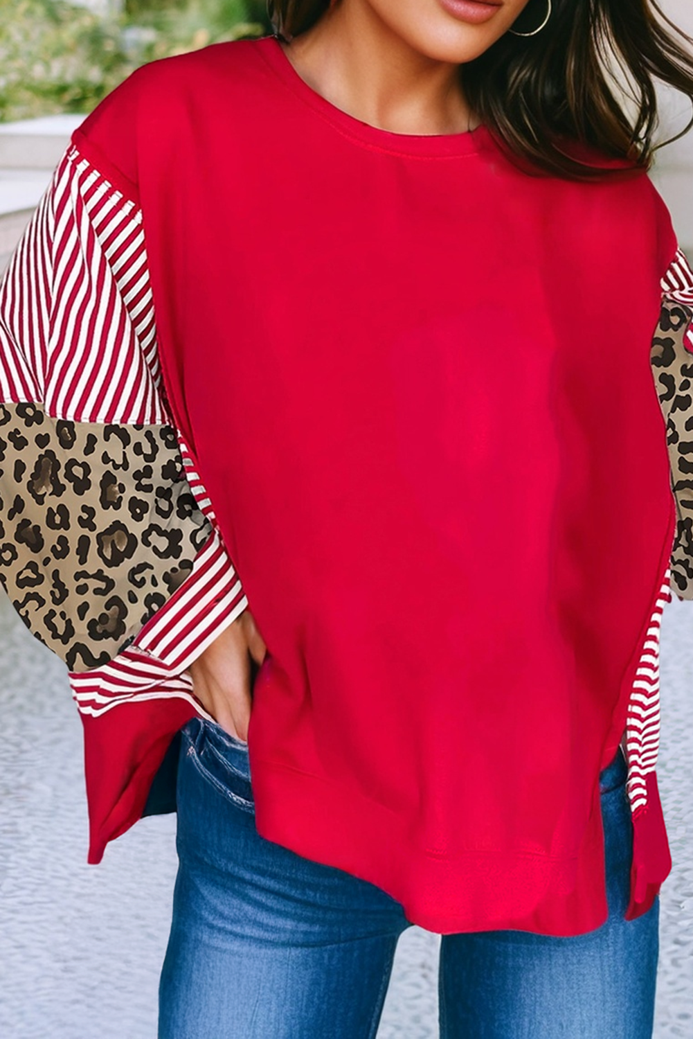 LDC Striped Patchwork Sleeve Colorblock Sweatshirt: Fiery Red / L