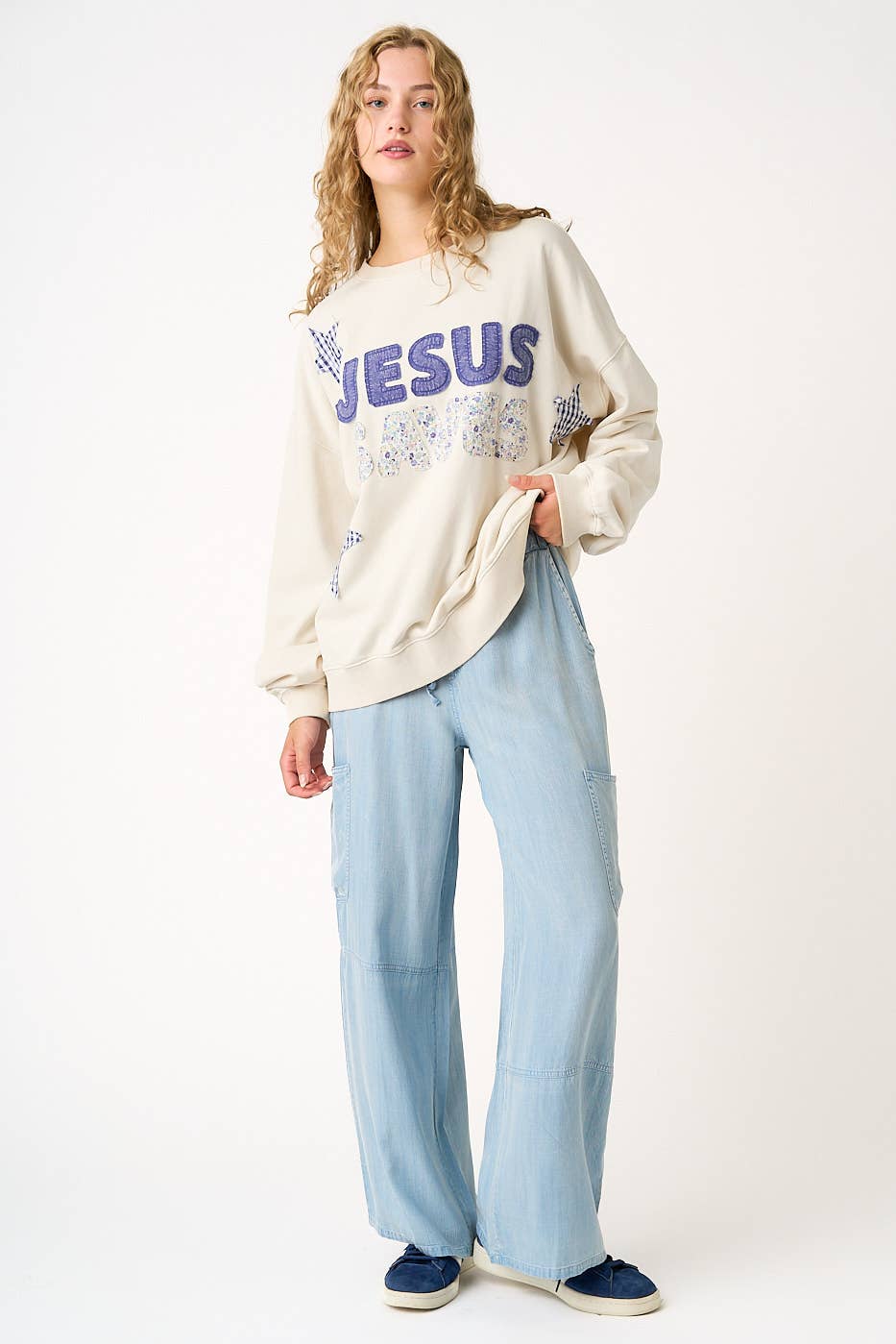 JESUS SAVES PATCHWORK CREW NECK SWEATSHIRT: ICY PINK / S-M-L(2-2-2)