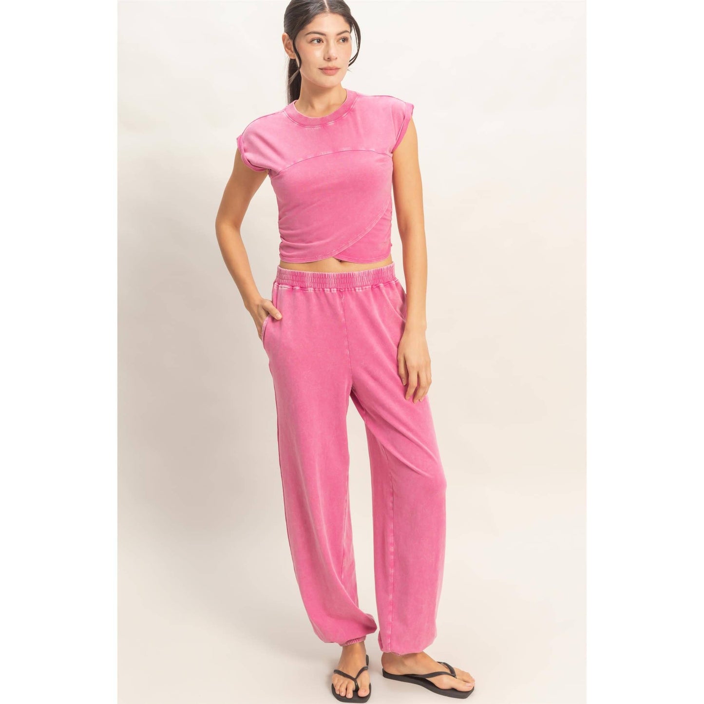 Rolled Sleeve Wrap-Front Crop Top And Jogger Set: DARK TEAL / S-M-L(2-2-2)