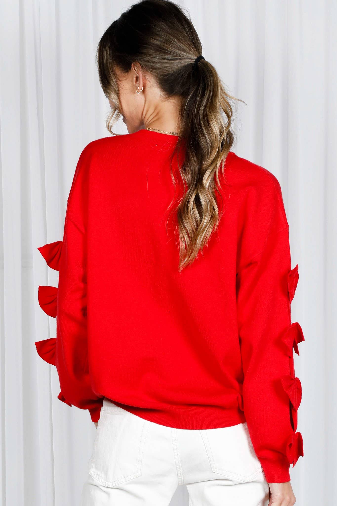 Bow Embellished Long-Sleeve Crew Neck Knit Sweater VT82605: Black / M