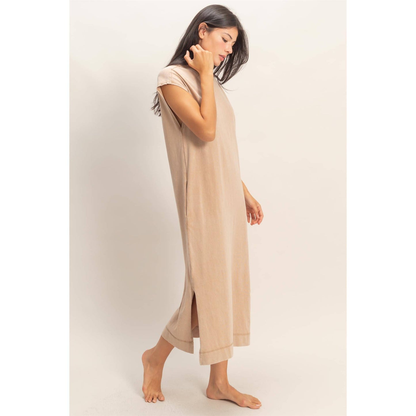 Mineral Wash Cap Sleeve Midi Dress: DARK TEAL / S-M-L(2-2-2)