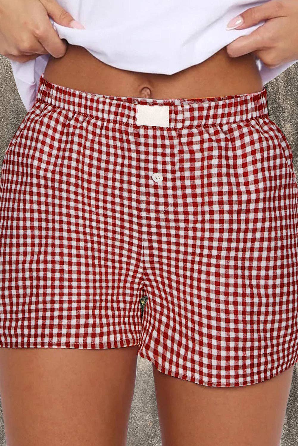 Red Gingham High Waisted Elastic Waist Summer Shorts: Red Stripe / 100%Polyester / S