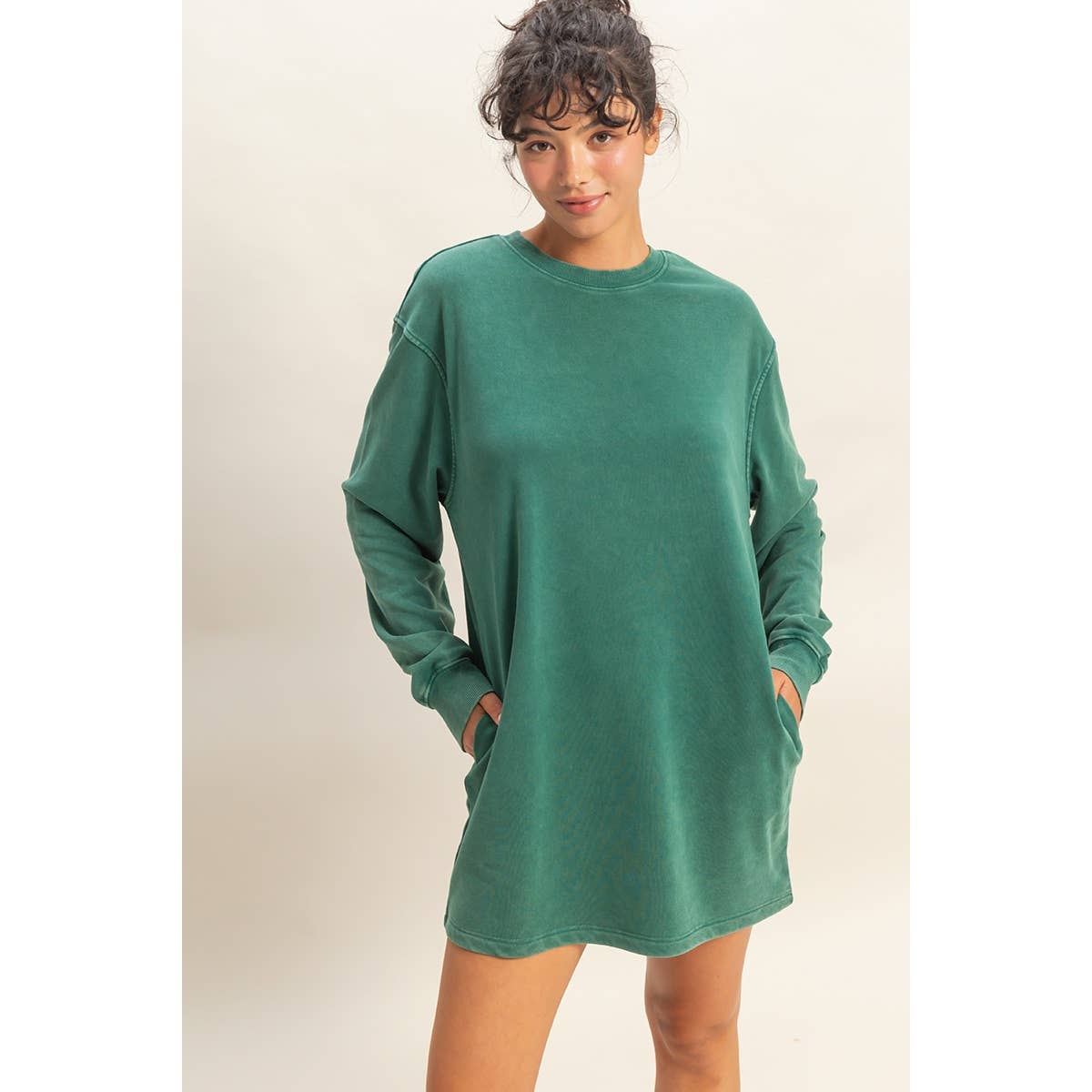 Mineral Washed Oversized Mini Sweatshirt Dress: CHESTNUT / S-M-L(2-2-2)