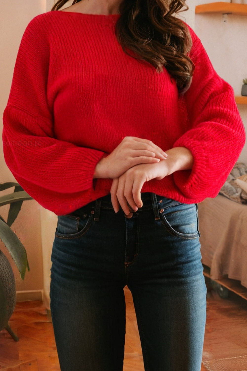 LDC Bow Backless Bubble Sleeve Festive Sweater: Fiery Red / XL