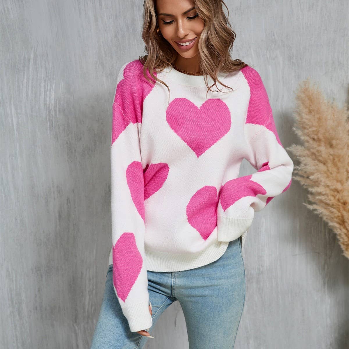 Valentine's Day jacquard pullover sweater: White / (L) 1