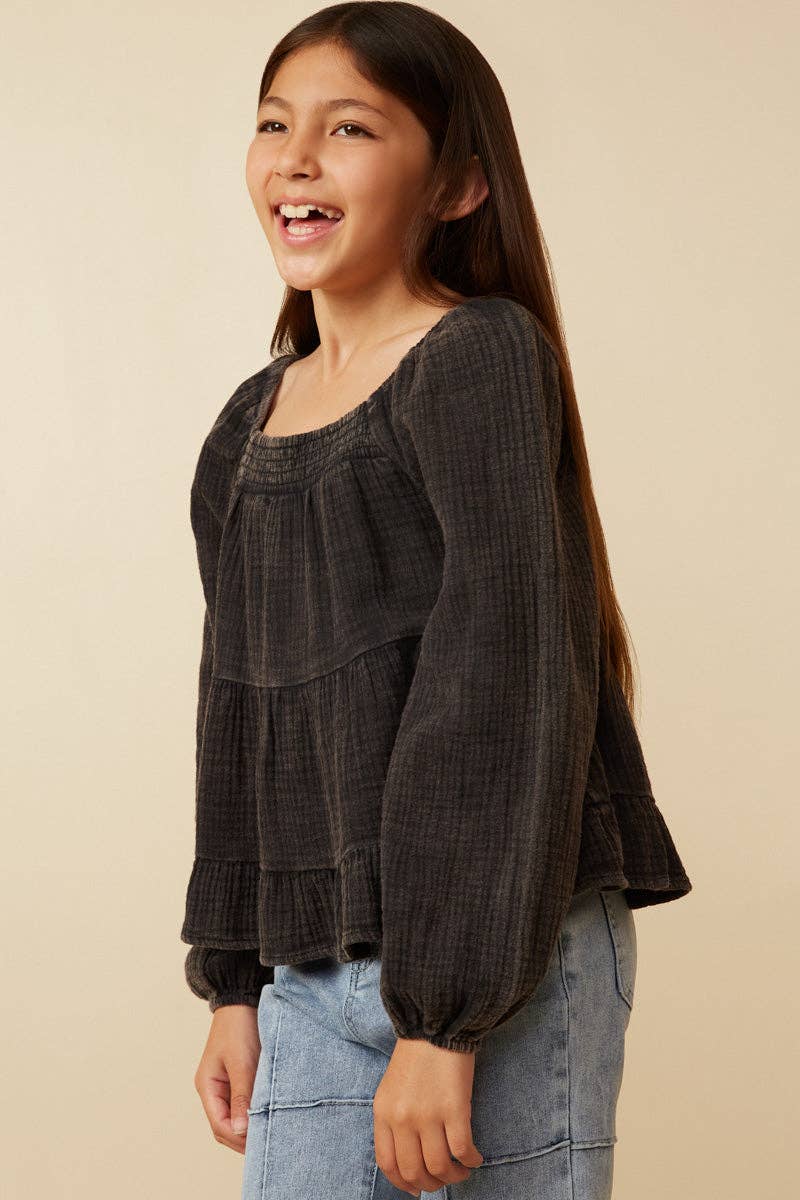 Girls Smock Detailed Textured Washed Peplum Top - 4 Pack: Black / Pack