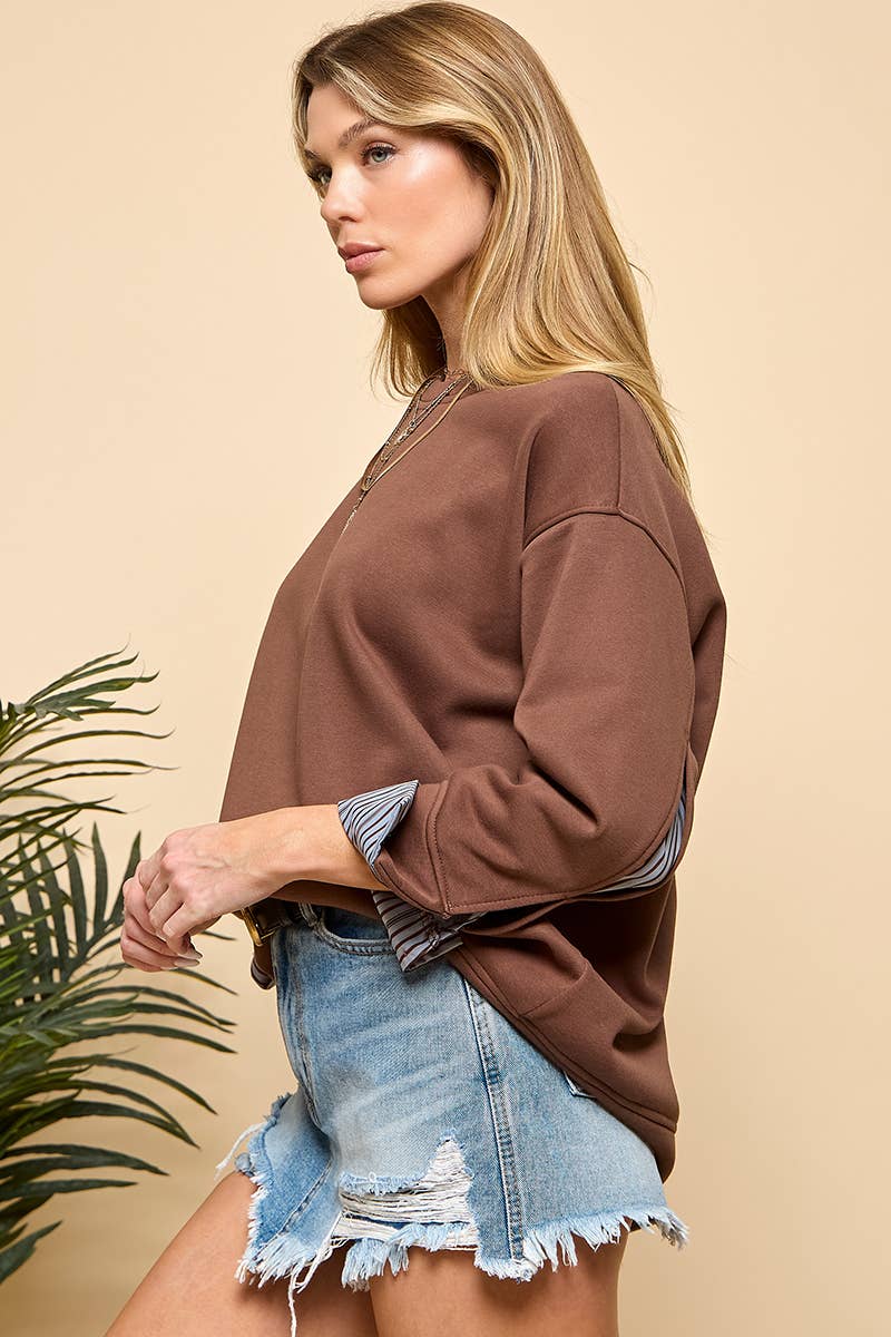 Stripe Detail Long Sleeve Sweatshirt: Brown / L