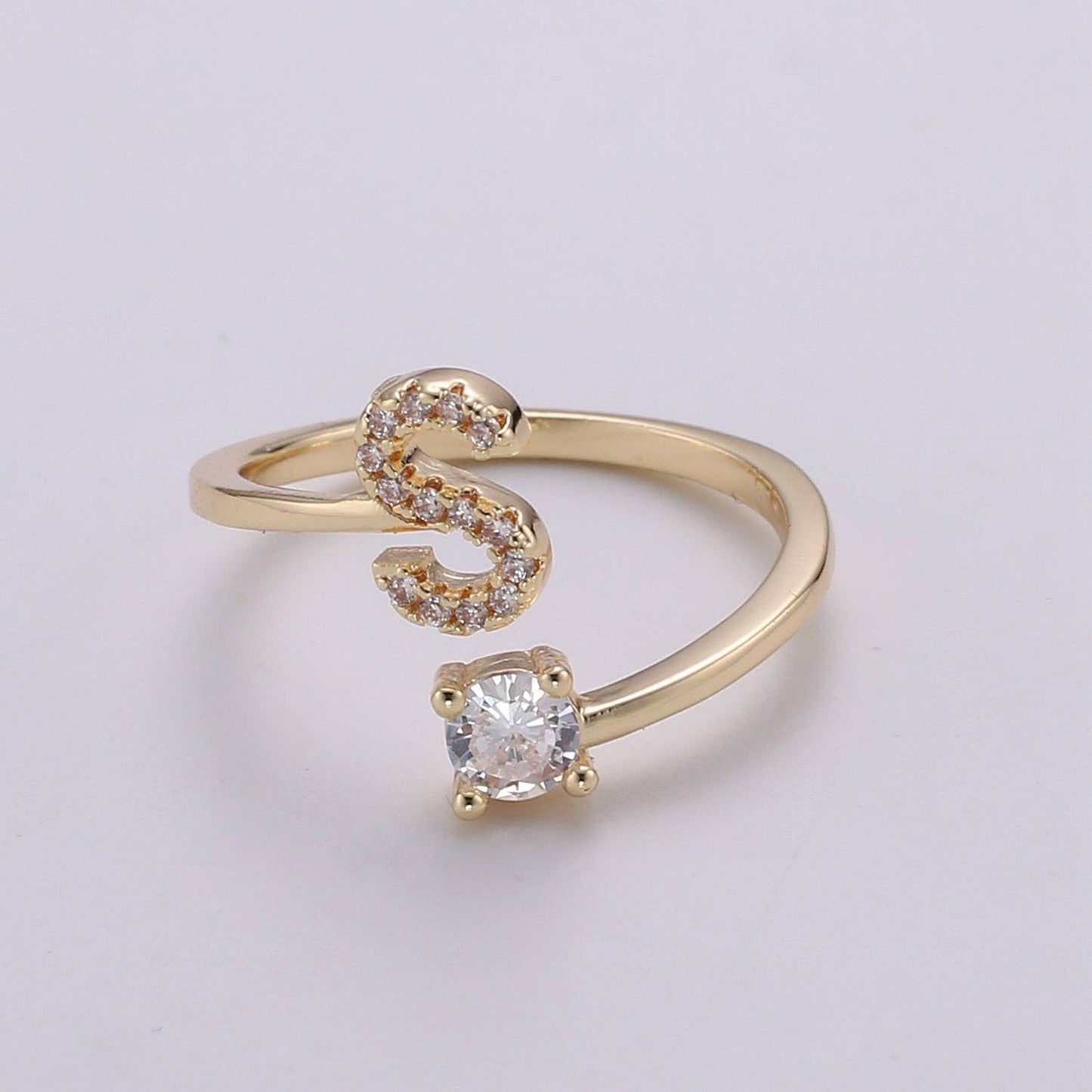 Adjustable Gold Initial Ring With CZ R370~R395: E