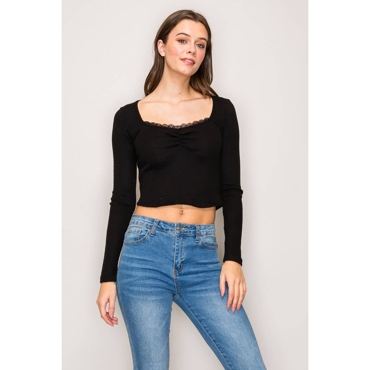 Square Neck Long Sleeve Top with Lace Trim: Black / S-M-L(2-2-2)