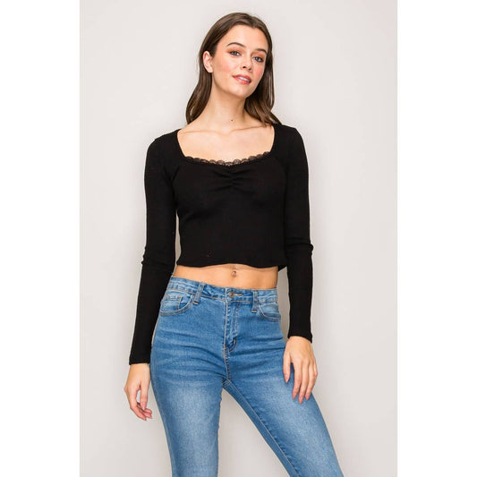 Square Neck Long Sleeve Top with Lace Trim: Black / S-M-L(2-2-2)