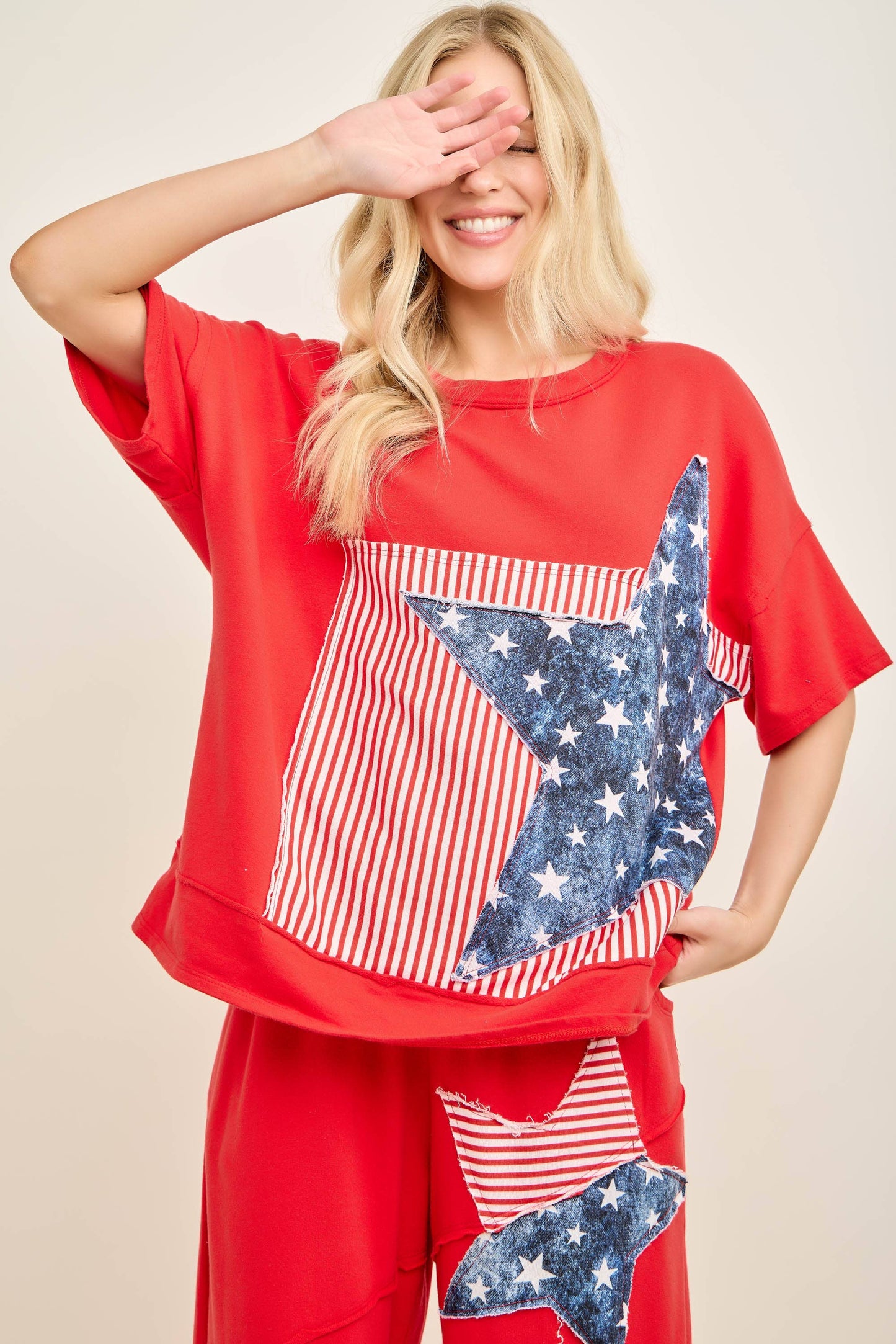 Americana Patched Tshirt top HT7319: Red / S-M-L / 2-2-2