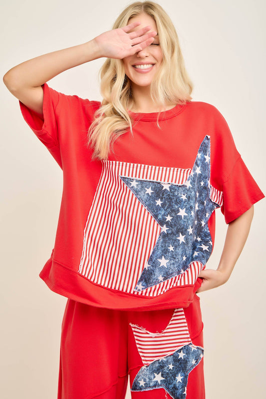 Americana Patched Tshirt top HT7319: Red / S-M-L / 2-2-2
