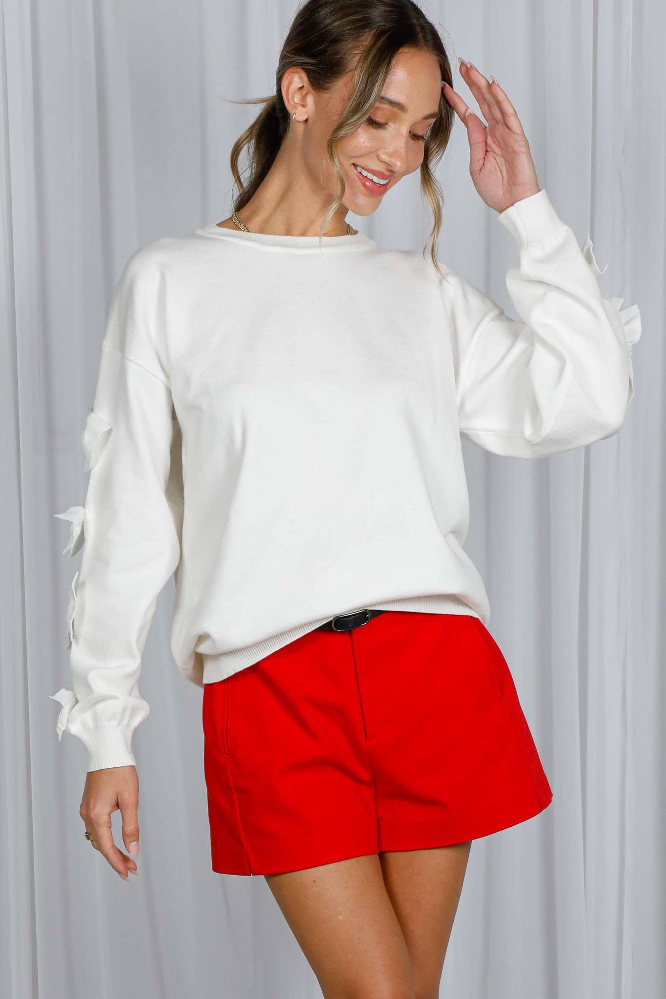 Bow Embellished Long-Sleeve Crew Neck Knit Sweater VT82605: Black / L