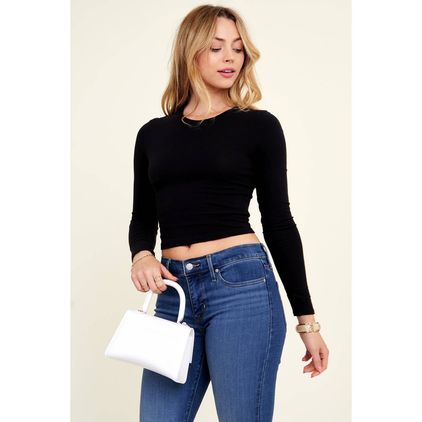 Crew Neck Long Sleeve Cotton Cropped Knit Top: Chili Oil / S-M-L(2-2-2)