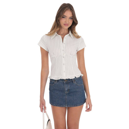 Button-Up Ruffle Top in White Stripes: S