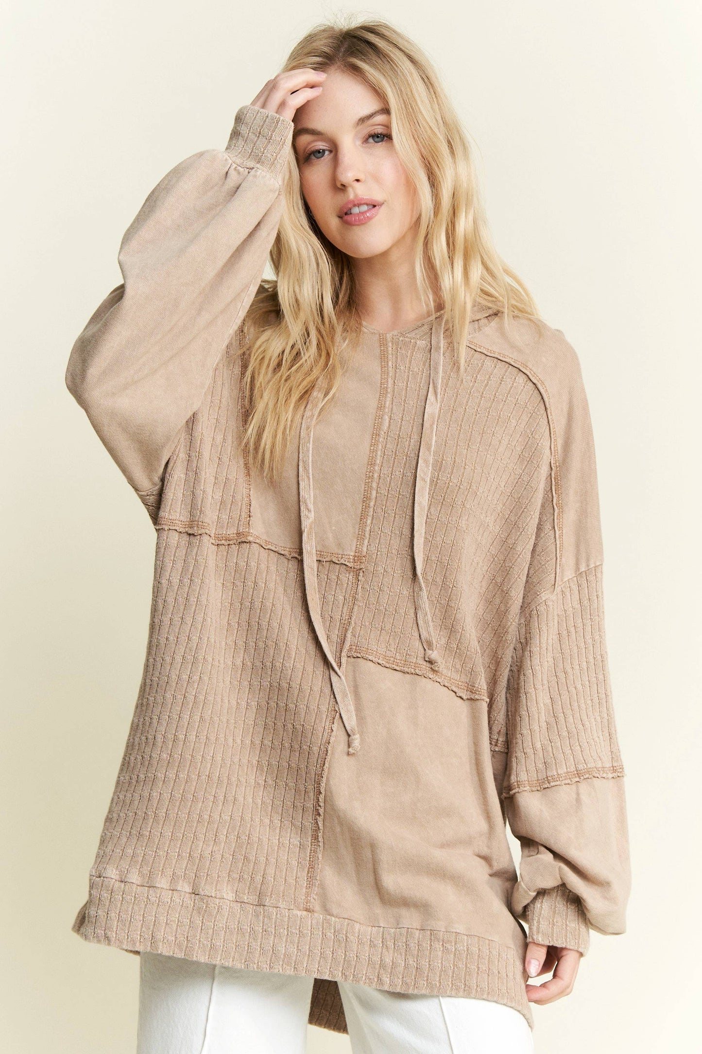 MineralWash Sweater block stitched hoodie shirt HT5969.: Olive / S-M-L / 2-2-2