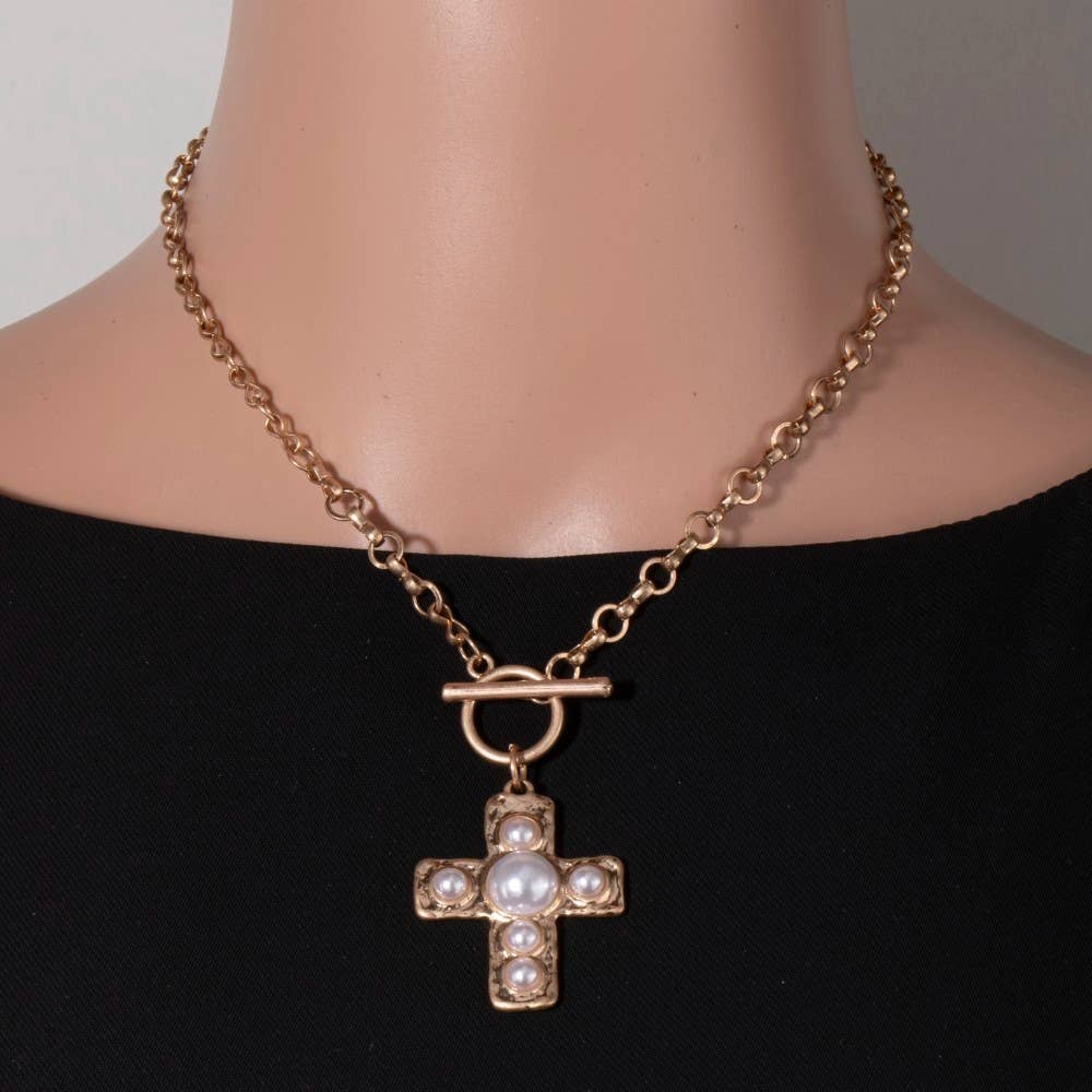 Pearl Studded Cross Pendant Toggle Chain Necklace: WG