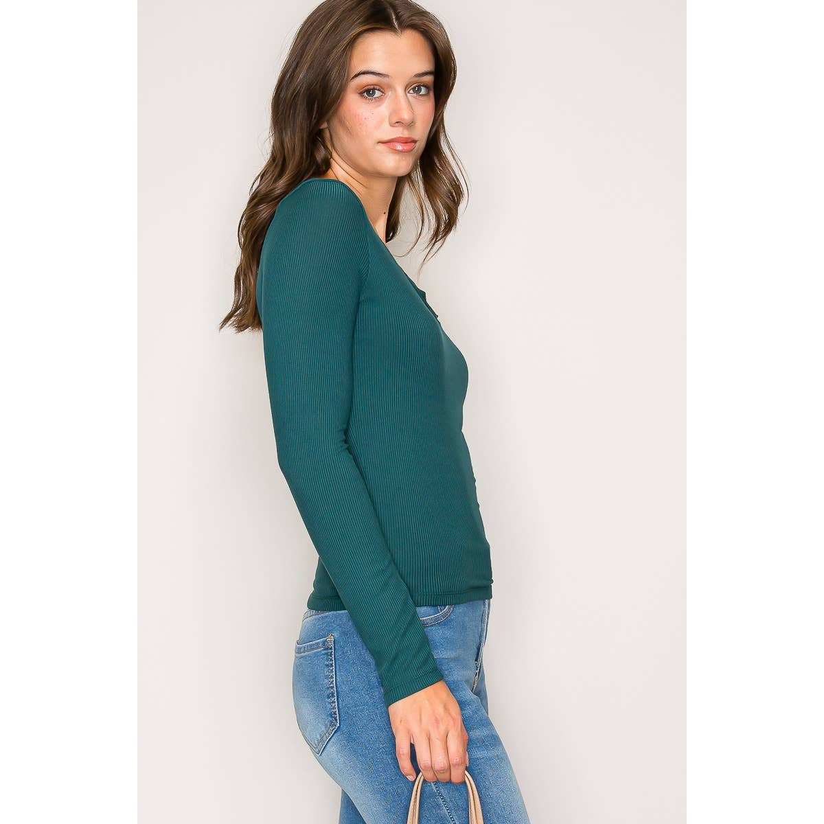 Notch Scoop Neck Double Layer Long Sleeve Knit Top: Botanical Garden/Hunter / S-M-L(2-2-2)