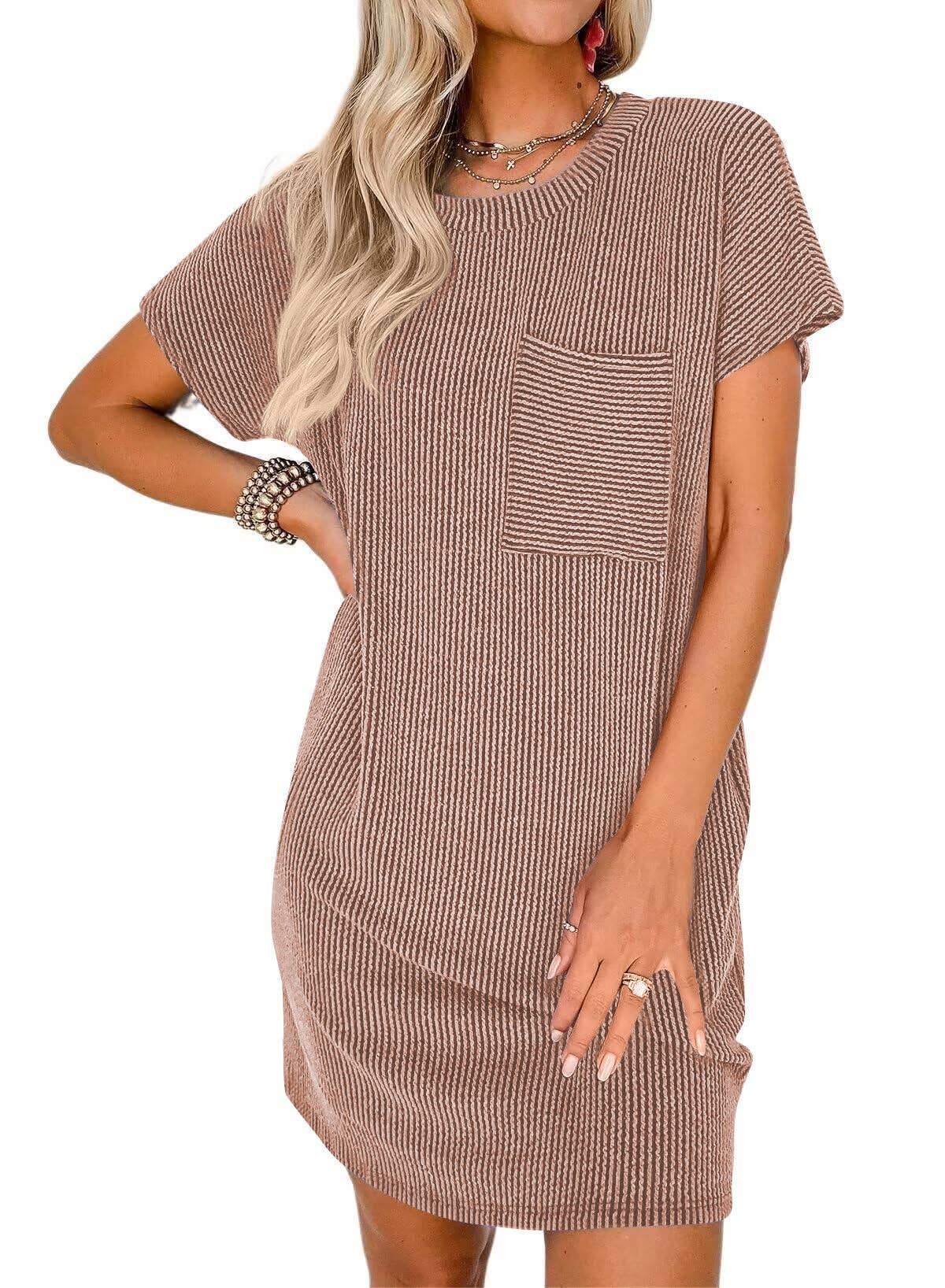 Summer Casual T-shirt Short-sleeved Dress (With Pockets): Black / 65%Rayon + 35%Polyester / M