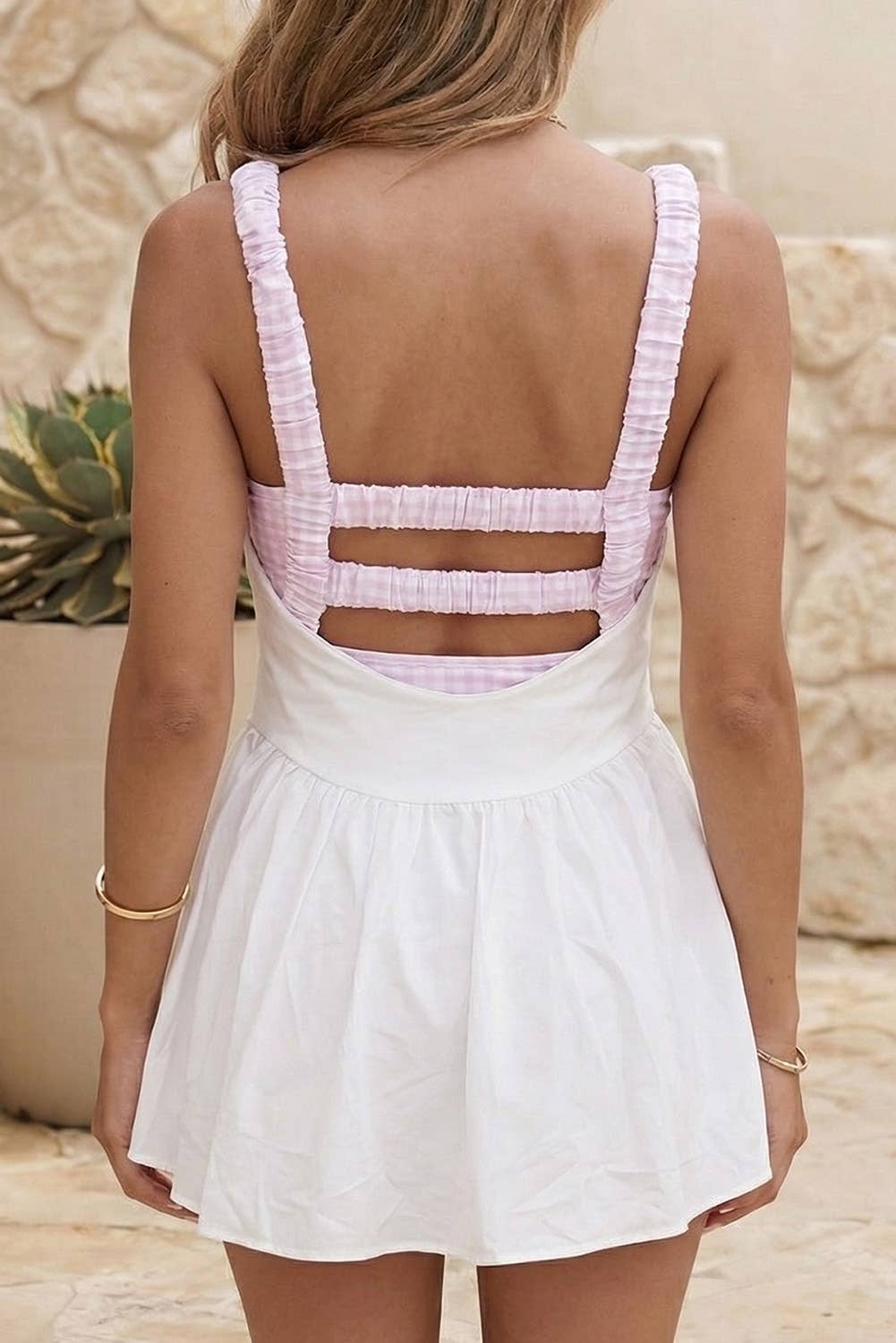 LDC Two Piece Gingham Contrast Patchwork Loose Mini Dress: Beau Blue / S