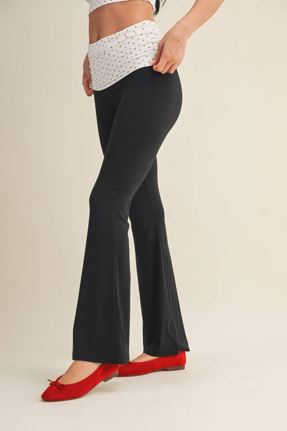 Polka Dot Soft Knit Foldover Flare Pants: White Polka Dot / L