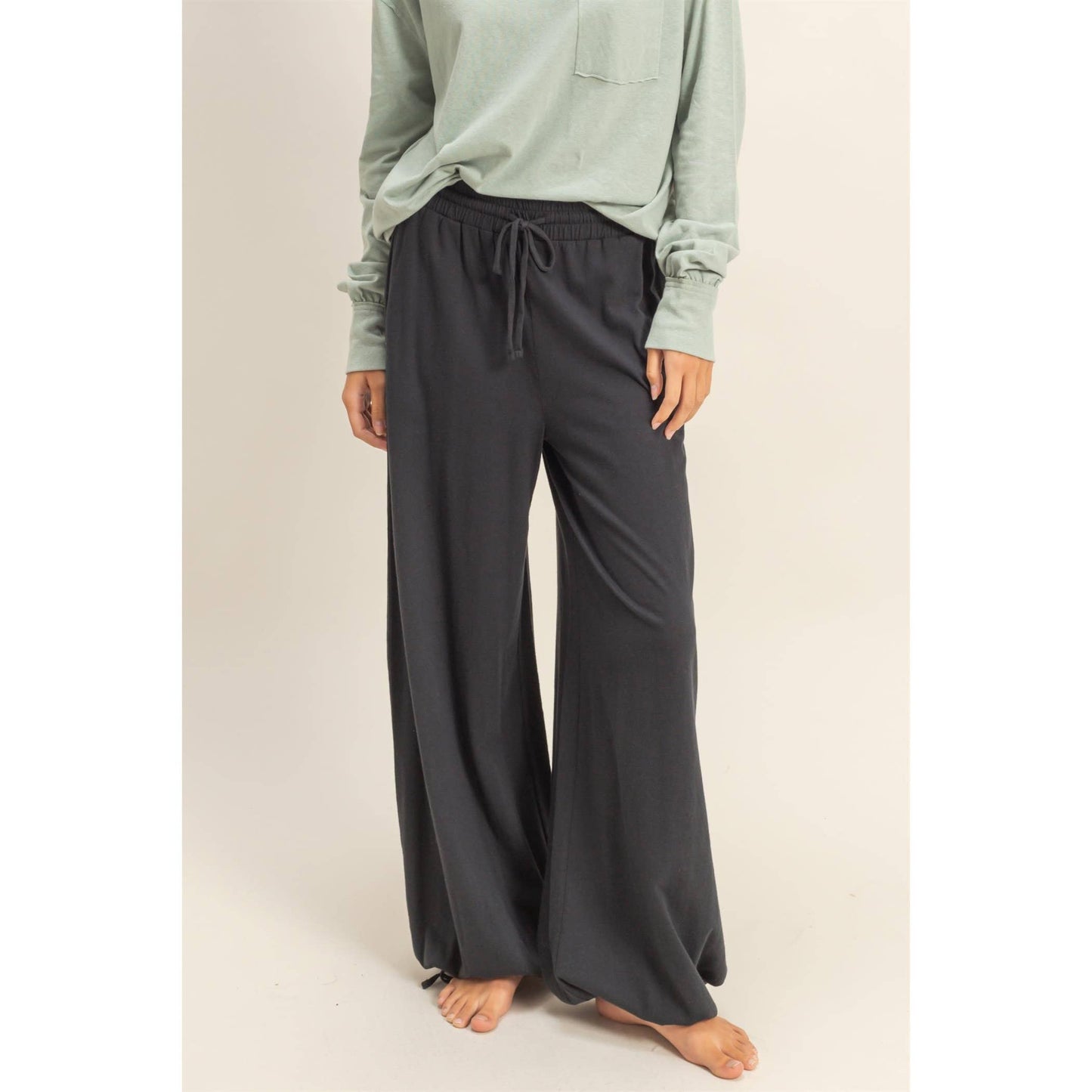 High Waist Drawstring Wide Leg Pants: BLACK / S-M-L(2-2-2)