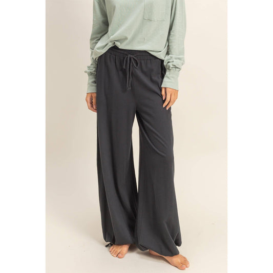 High Waist Drawstring Wide Leg Pants: BLACK / S-M-L(2-2-2)