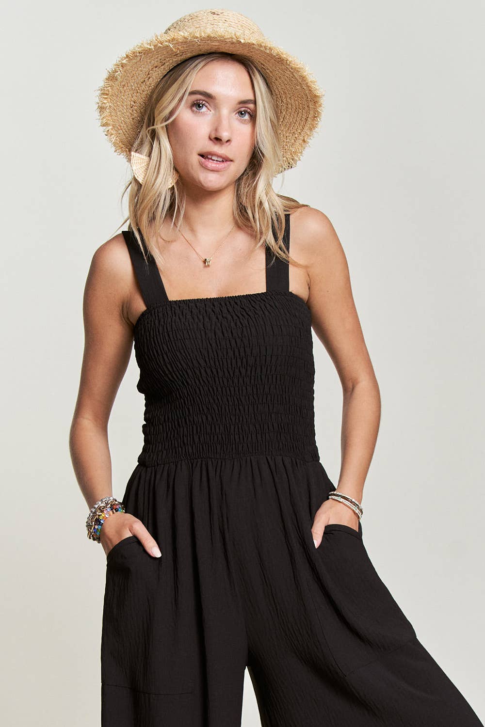 LJP16140 - SMOCKING TOP WIDE LEG JUMPSUIT: MIDNIGHT BLUE / L