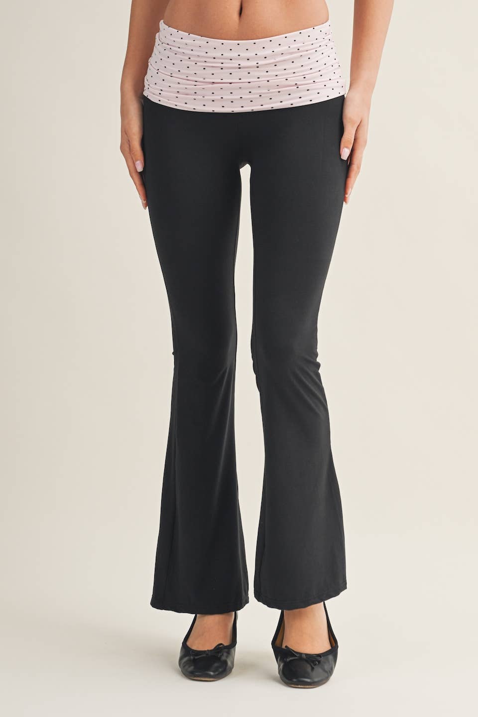 Polka Dot Soft Knit Foldover Flare Pants: Blue/Black Polka Dot / M