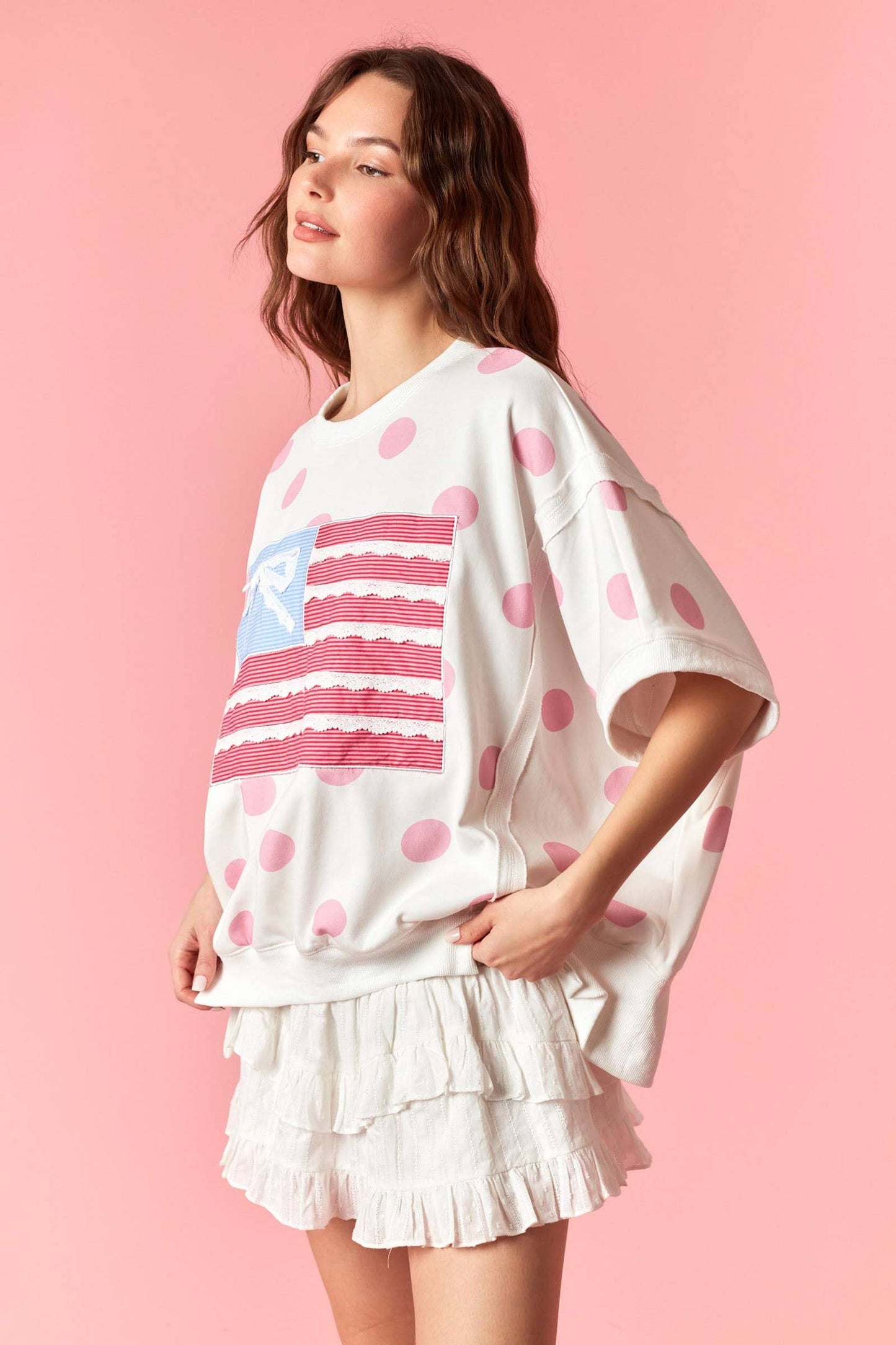Big Dot French Terry Stars And Stripe Flag Patches Top: LT BLUE / OFF WHITE / 2-2-2(S-M-L)