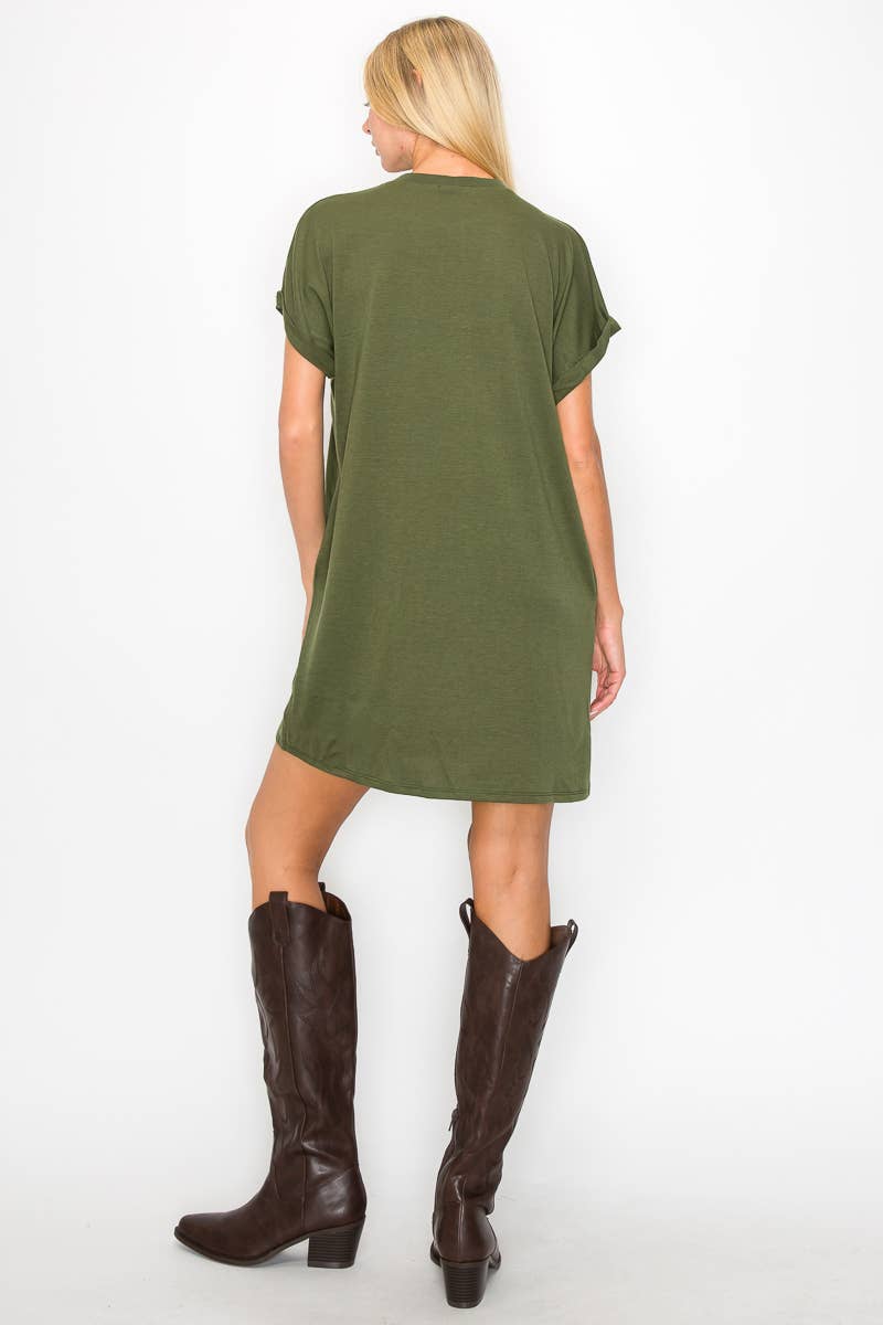 Round Neck Pocket Mini Dress HD1015: Olive / S-M-L / 2-2-2
